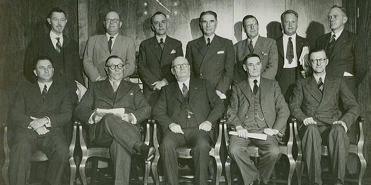 The first National Party government under South African Prime Minister Daniel Francois Malan (seated at center) in 1948. The government established the Atomic Energy Board a year later.