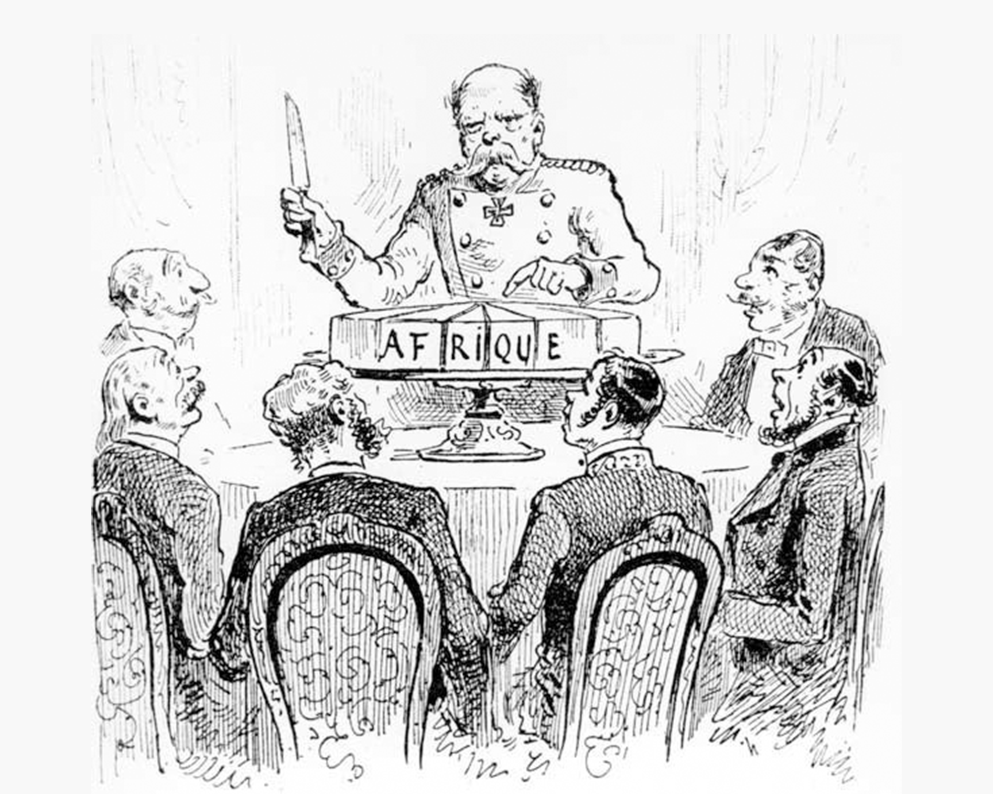 A French political cartoon depicting German Chancellor Otto von Bismarck slicing up cake labeled 'Africa' at the Berlin Conference in 1884.