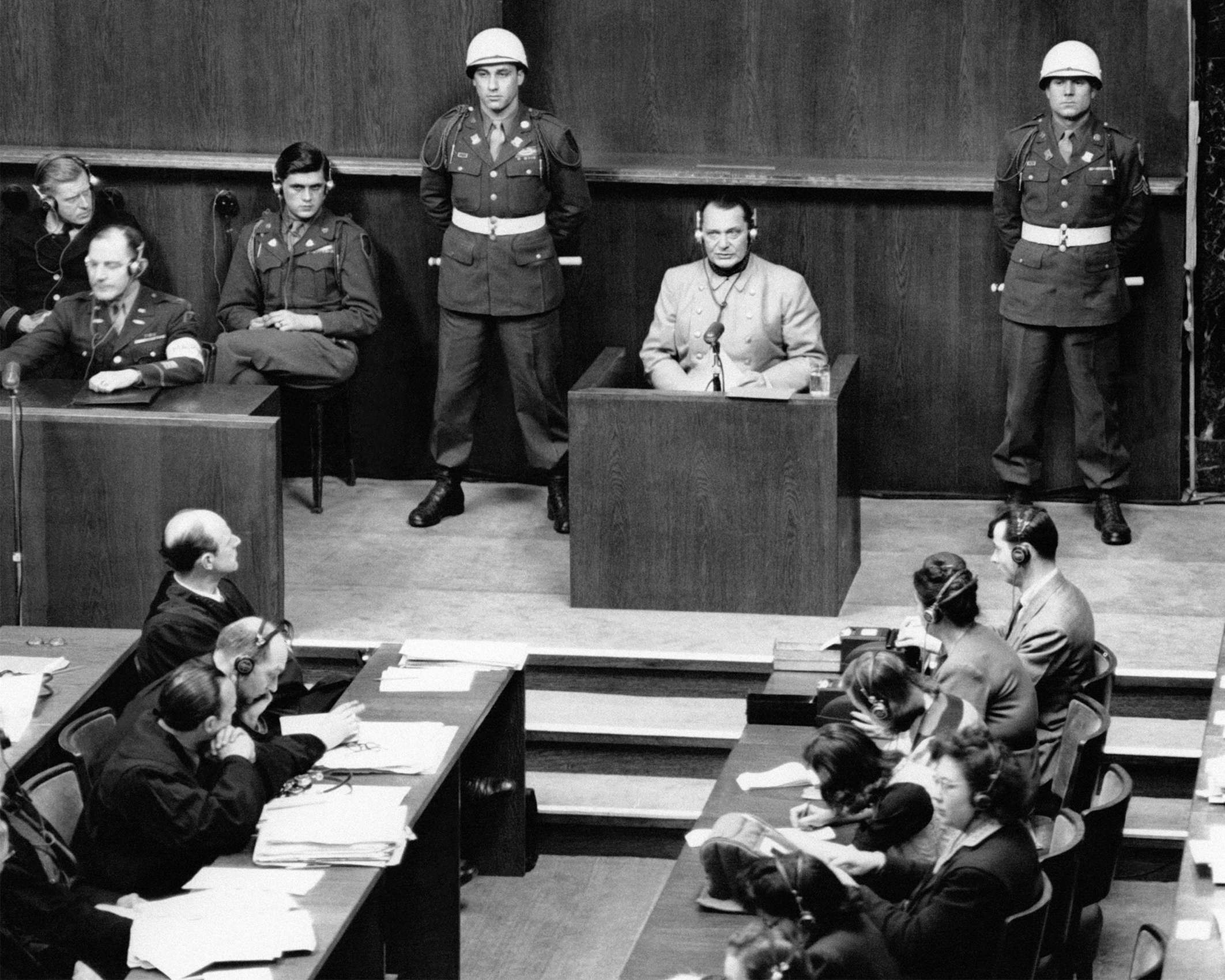 A photo of Nazi leader Hermann Goering sitting in the defendent box accused of crimes against humanity, among other charges, at the Nuremberg Trials in Germany on March 16, 1946.
