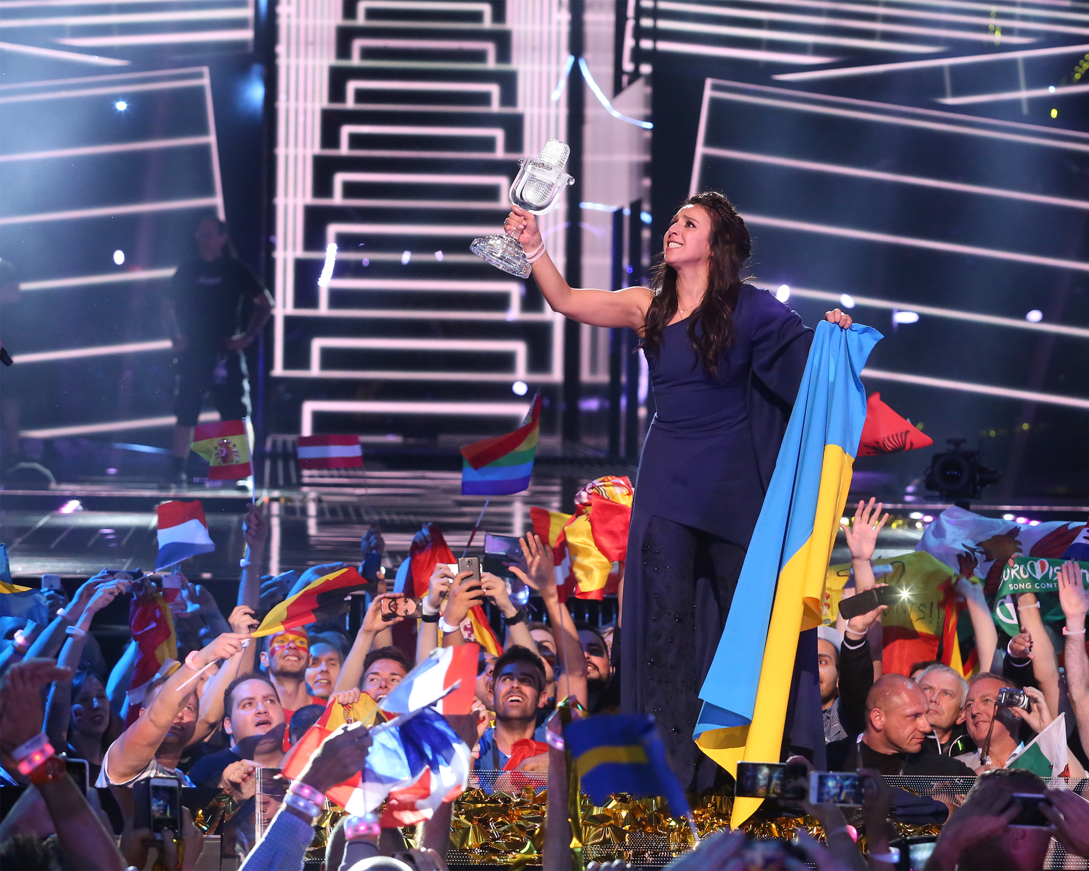 A photo showing Ukrainian singer Jamala winning the 2016 Eurovision Song Contest on May 15, 2016 in Stockholm, Sweden.