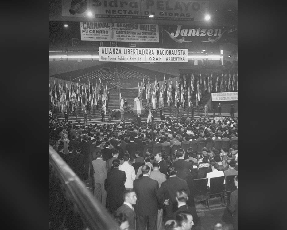 A photo showing a February 1943 meeting of the Nationalist Liberation Alliance, an Argentinian fascist group aligned with the Nazi party, in Buenos Aires.