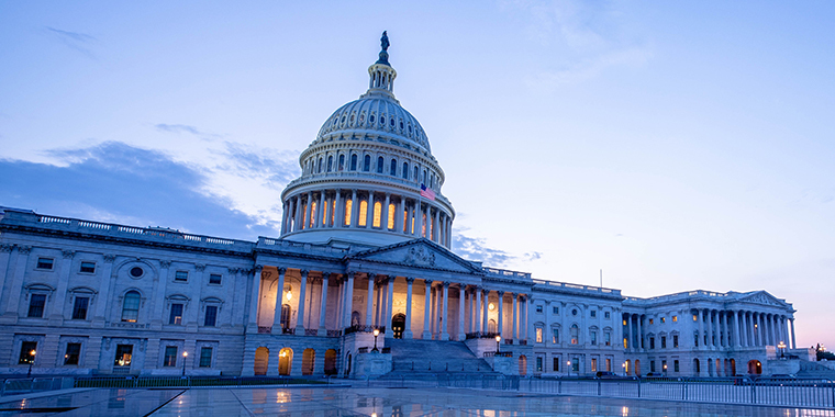 The U.S. Capitol Building in Washington D.C. at dusk.