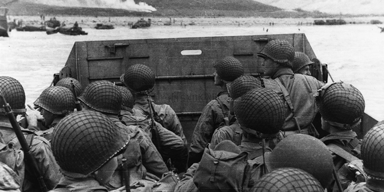 Troops in a landing craft approaching "Omaha" Beach on "D-Day" on June 6, 1944.