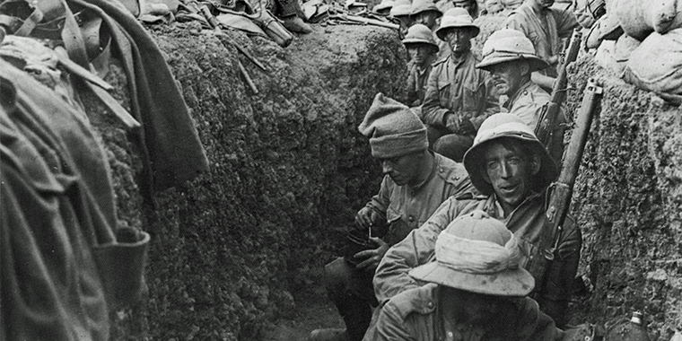 Soldiers of the Royal Irish Fusiliers in the trenches on the southern section of Gallipoli Peninsula in 1915.