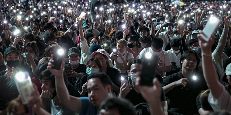 Thousands of anti-government protesters and students hold a demonstration at the Ratchaprasong Intersection in central Bangkok, Thailand, on October 15, 2020.