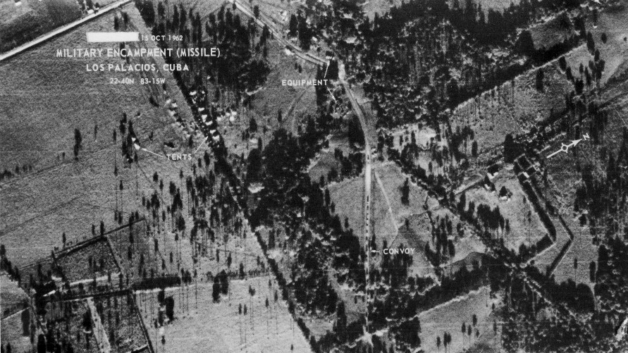 U-2 photograph of a truck convoy approaching a deployment of Soviet medium-range missiles in San Cristobal on October 14, 1962.