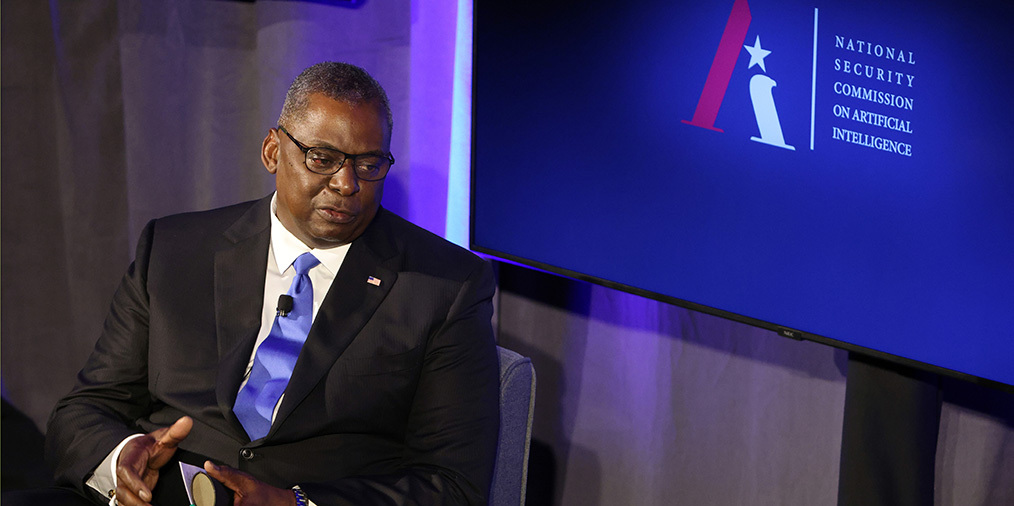 U.S. Secretary of Defense Lloyd Austin delivers remarks at the National Security Commission on Artificial Intelligence Global Emerging Technology Summit on July 13, 2021 in Washington, DC.