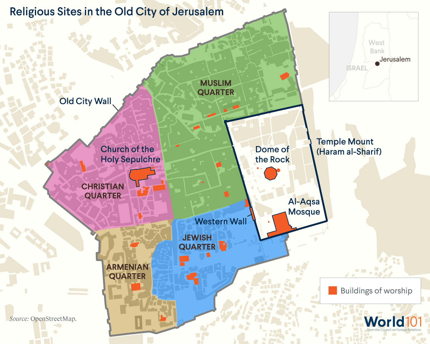 Map showing religious sites in the Old City of Jerusalem, including holy site known as Temple Mount to Jews and Haram al-Sharif to Muslims. For more info contact us at world101@cfr.org.