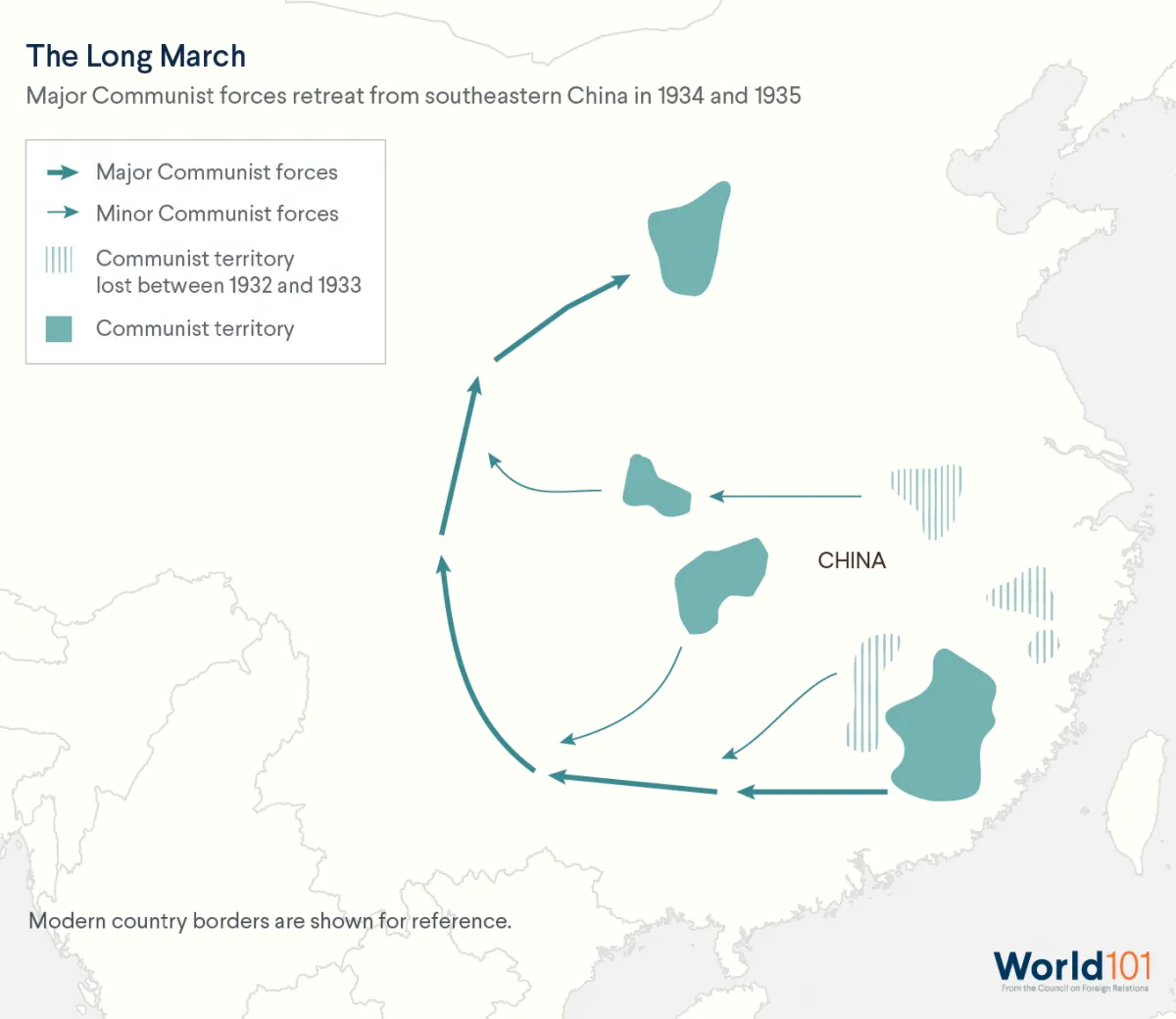 Map showing The Long March, the route major communist forces followed while retreating from southeastern China in 1934 and 1935. For more info contact us at world101@cfr.org.