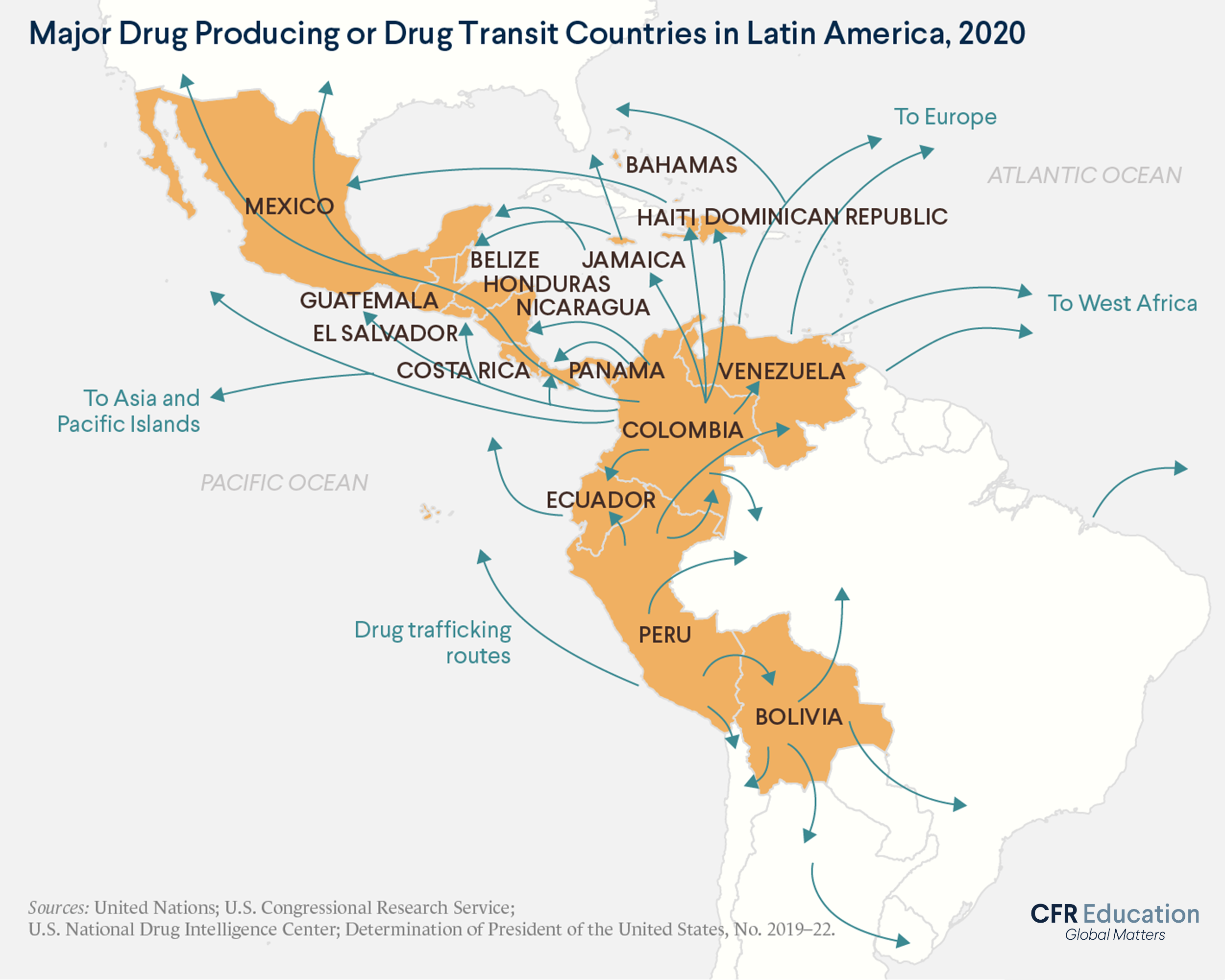 A map showing the major drug-producing or drug-transit countries in Latin America in 2020, according to information from the U.S. government and United Nations. For more info contact us at cfr_education@cfr.org.