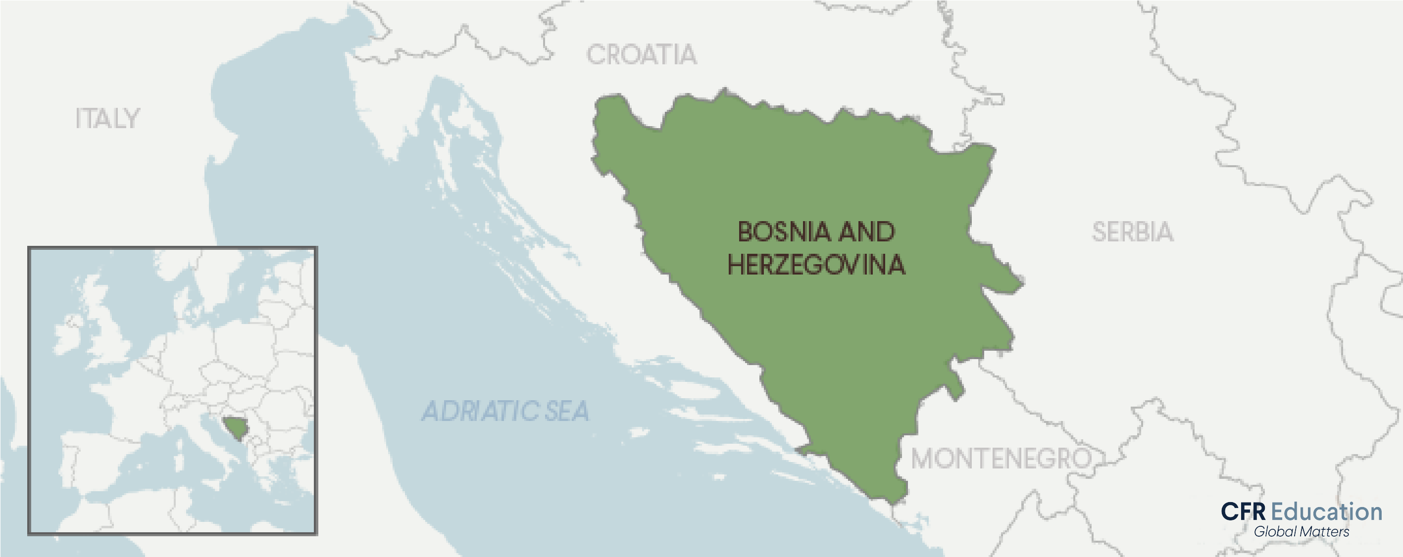 This map shows where Bosnia and Herzegovina is in relation to Europe.  For more info contact us at cfr_education@cfr.org.