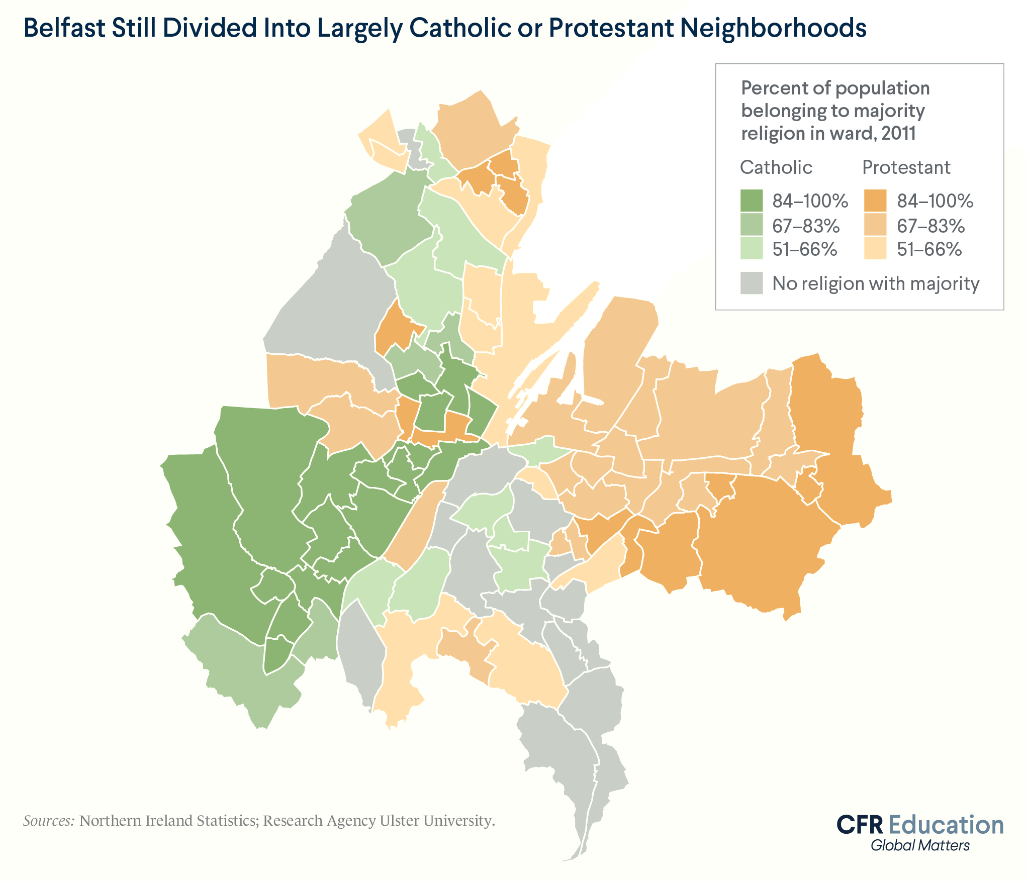 Map showing how, as of 2011, Belfast was still largely divided into largely Catholic or Protestant neighborhoods. For more info contact us at cfr_education@cfr.org.