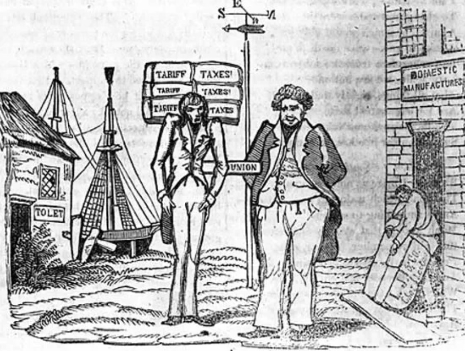 Political cartoon showing on the left a skinny southerner in front of an empty shipping warehouse, while next to him on the right is a fat northerner with an active manufacturing business. Behind the southerner is a sign reading tariffs and taxes.