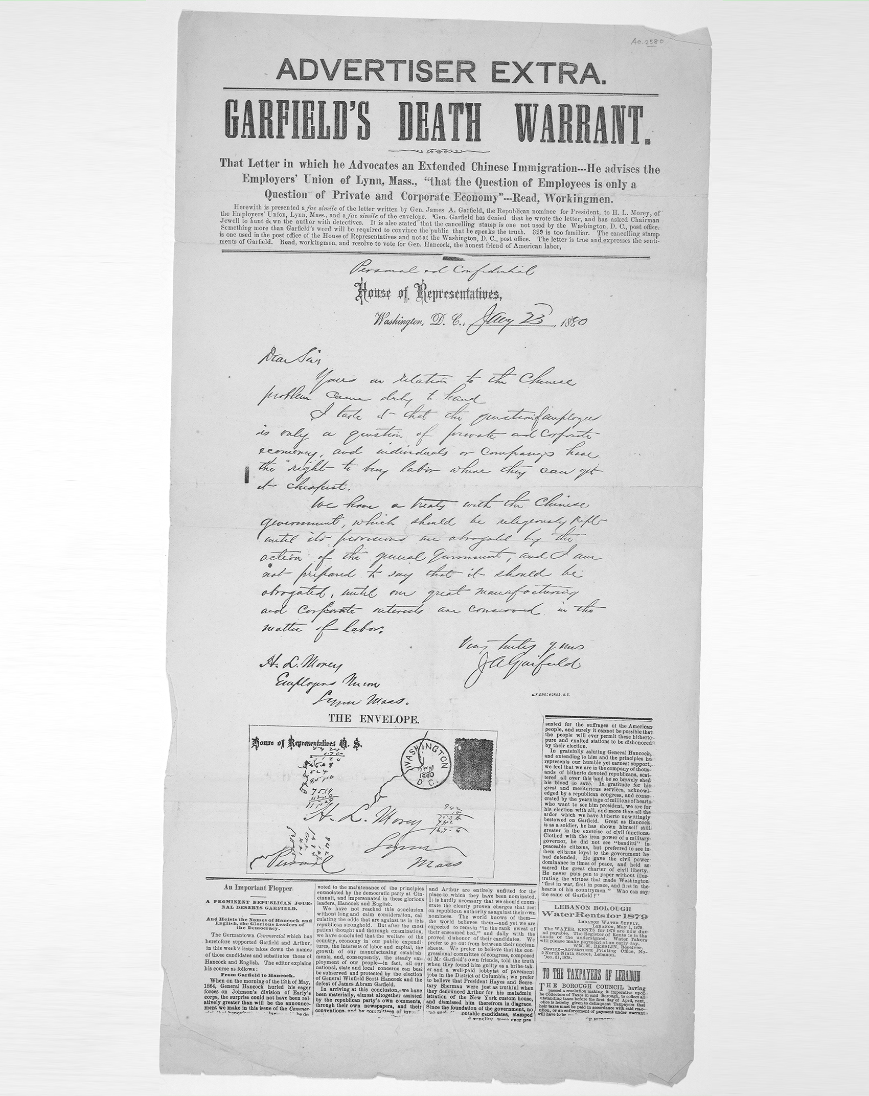 1880 newspaper prints fake letter supposedly written by James Garfield.