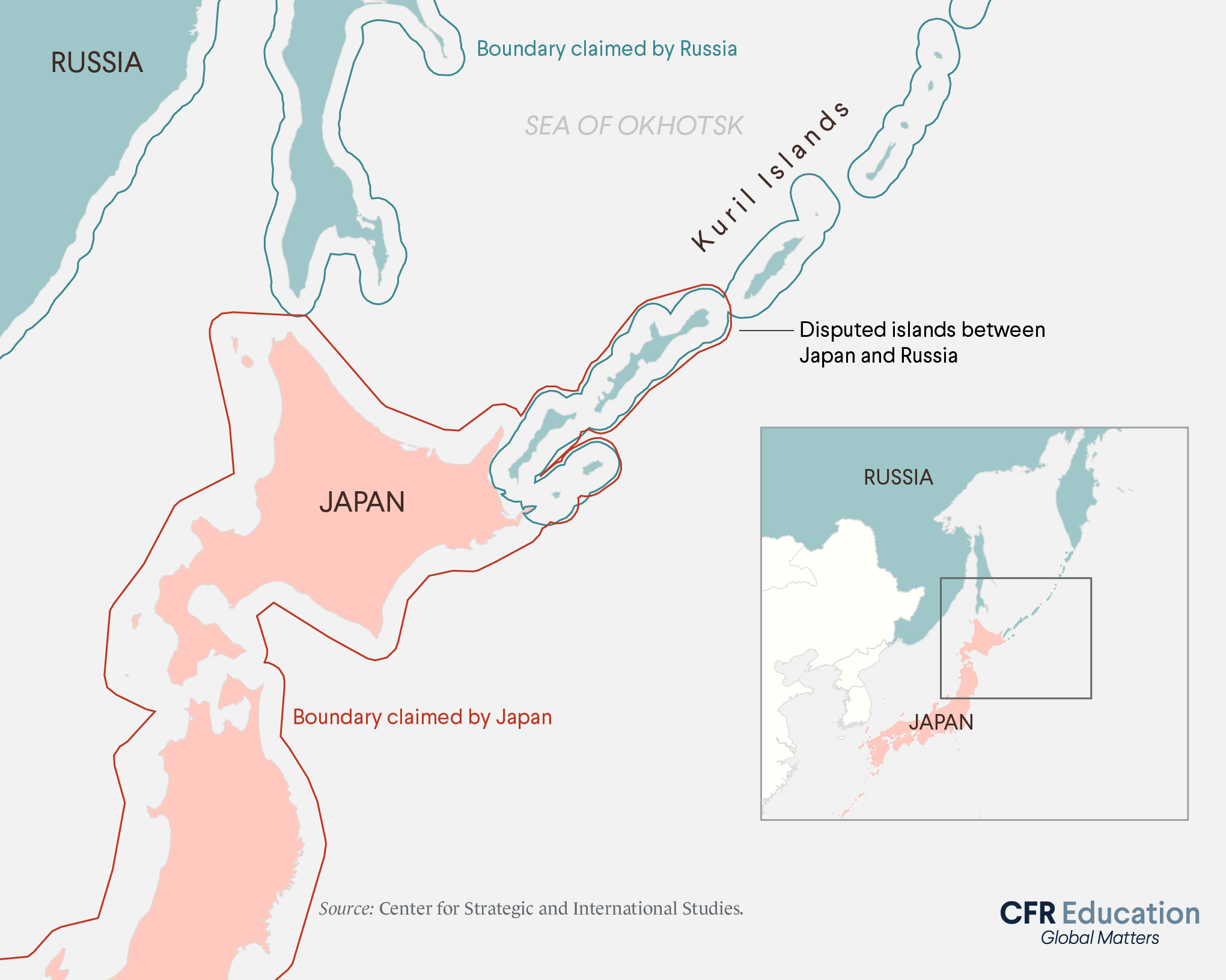 Map showing the overlapping territorial claims in the Sea of Okhotsk. Source: CSIS. For more info contact us at cfr_education@cfr.org.