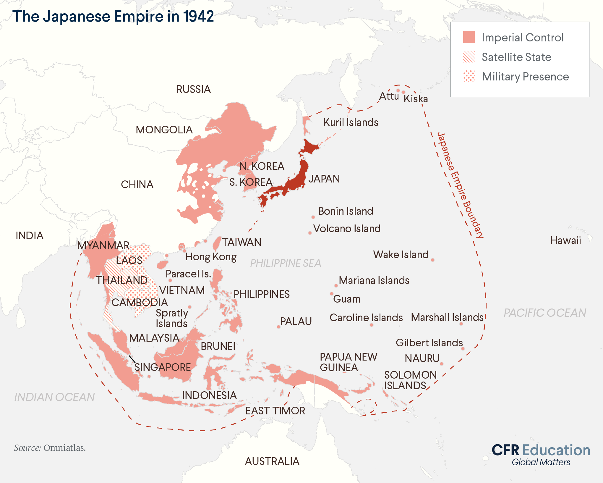Map depicts the Japanese Empire in 1942, including areas under imperial control, satellite states, areas with a Japanese military presence. Source: Omniatlas. For more info contact us at cfr_education@cfr.org.
