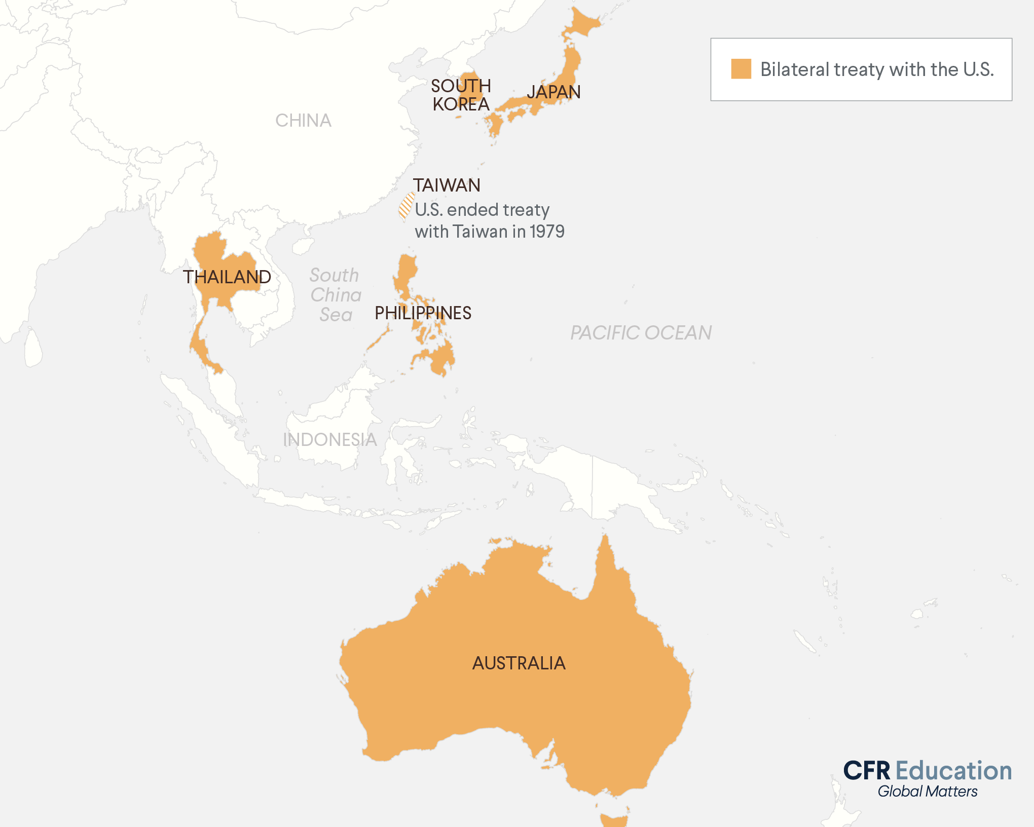 Map shows countries in EAP with which the United States has had bilateral treaties: Japan, Australia, the Philippines, South Korea, and Thailand. For more info contact us at cfr_education@cfr.org.