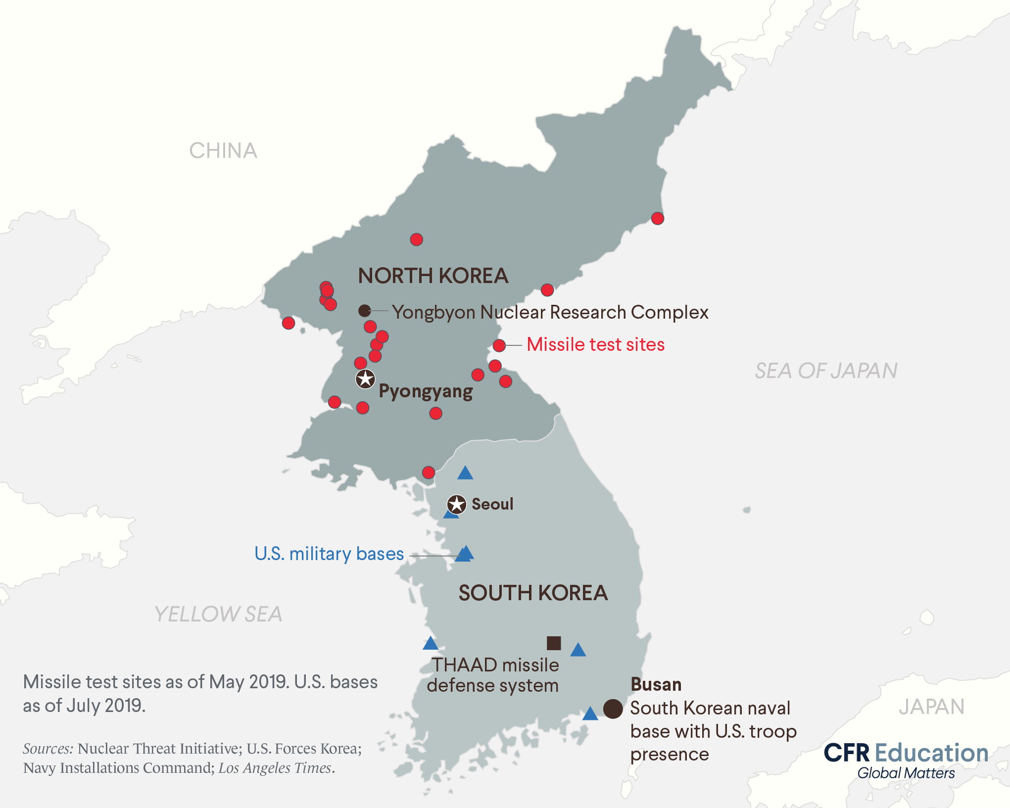 Map showing missile test sites and U.S. military base locations on the Korean Peninsula. Sources: Nuclear Threat Initiative, U.S. Military, Los Angeles Times.For more info contact us at cfr_education@cfr.org.