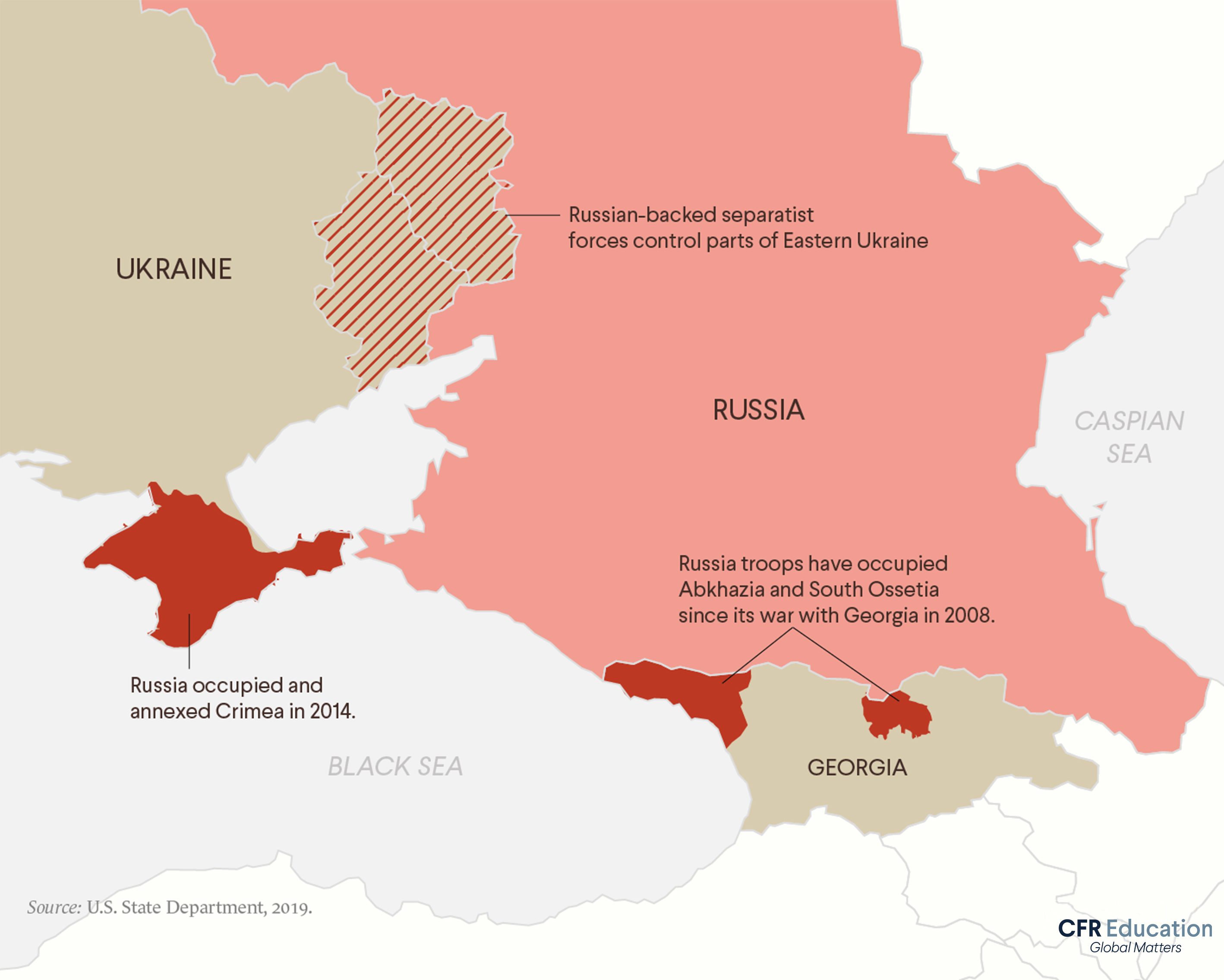 2019 map shows Russia occupied and annexed Crimea in 2014; parts of Georgia that Russian troops have occupied in 2008; and parts of Eastern Ukraine where Russia-backed separatist forces have control. For more info contact us at cfr_education@cfr.org.