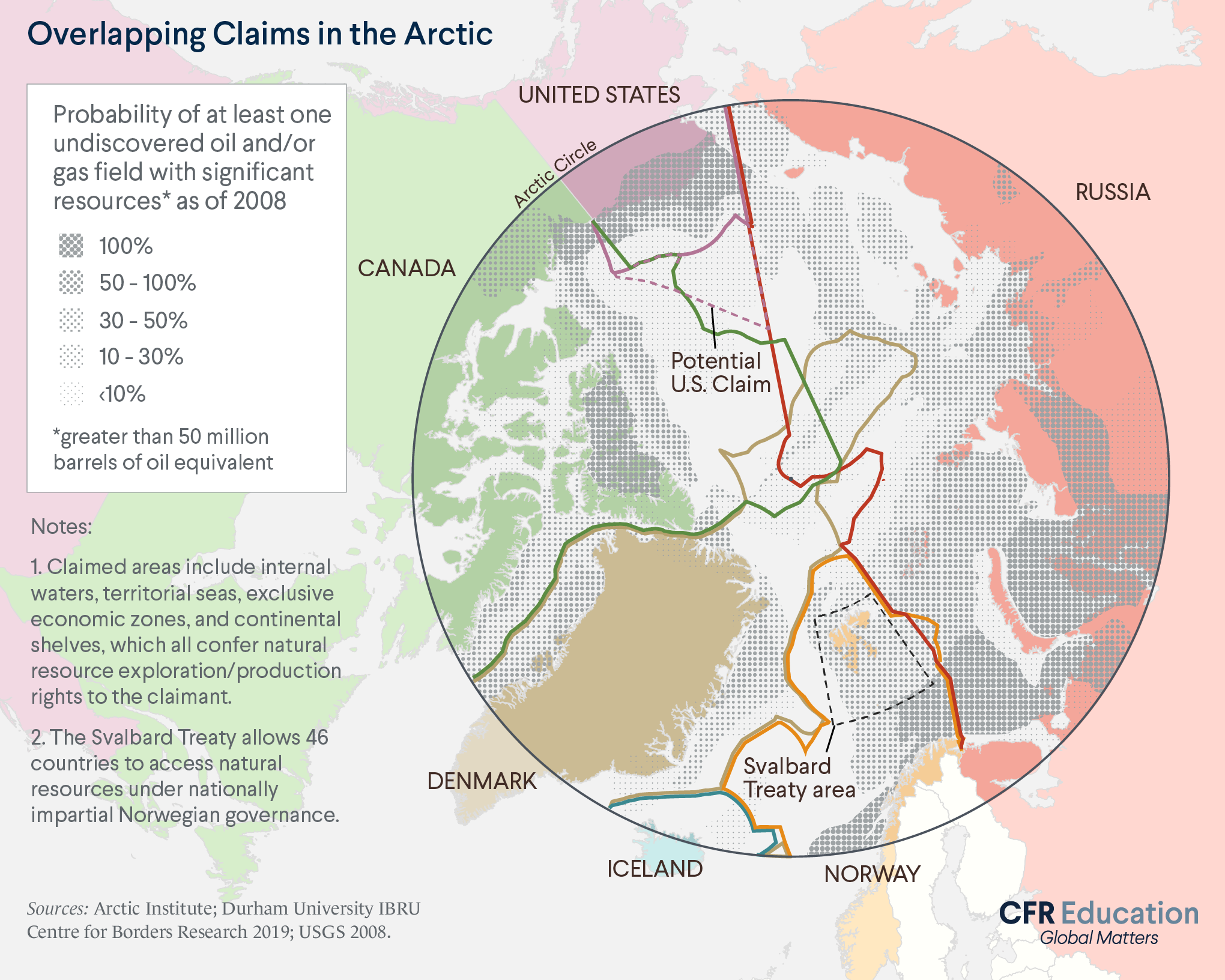 Map shows the overlapping claims in the Arctic and the probability of at least one undiscovered oil and/or gas field with significant resources being in these areas as of 2008. For more info contact us at cfr_education@cfr.org.