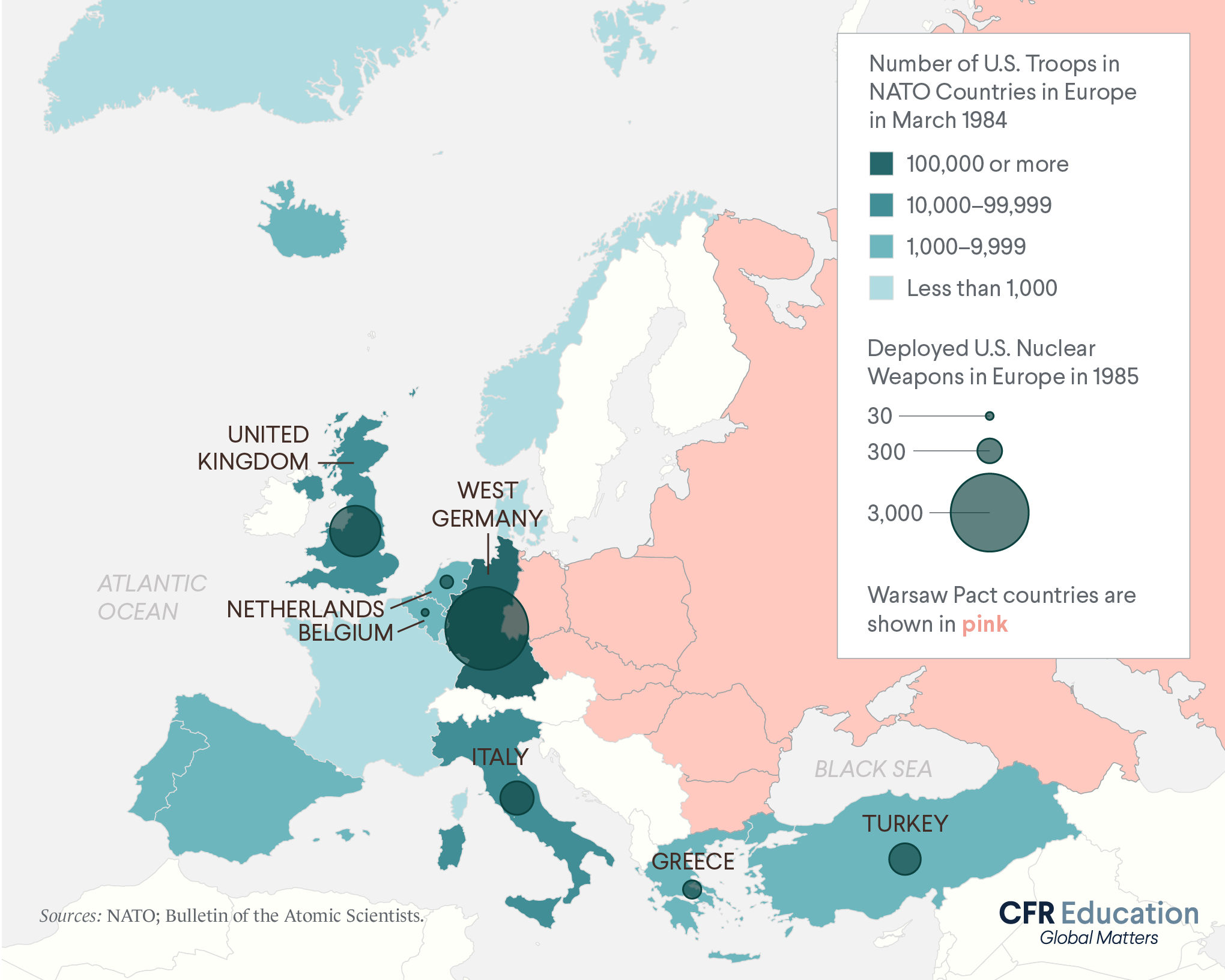 Map shows the number of U.S. troops in NATO countries in Europe in March 1984 and the number of deployed U.S. nuclear weapons in 1985. Sources: NATO; Bulletin of the Atomic Scientists. For more info contact us at cfr_education@cfr.org.