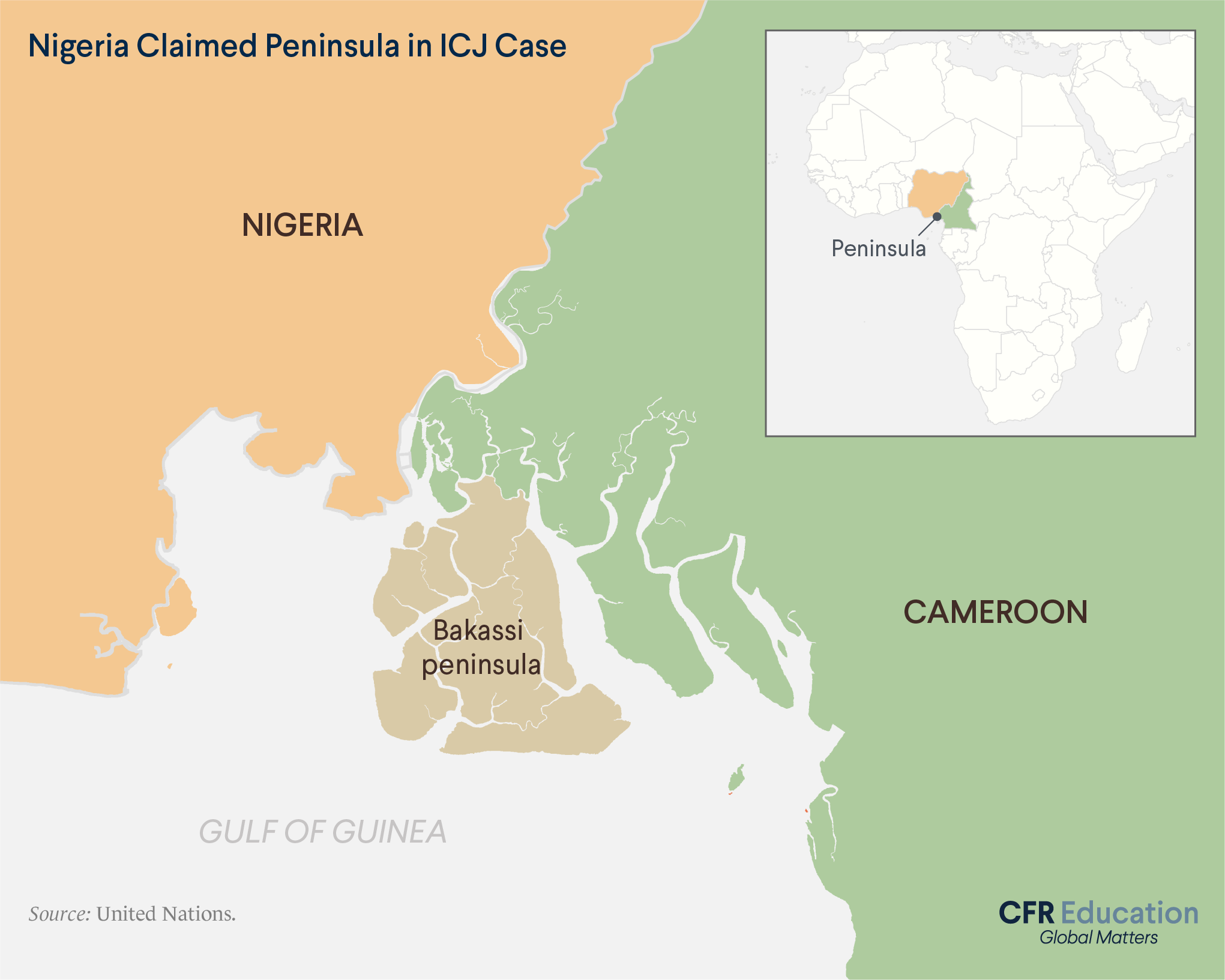 Map of the Bakassi Peninsula which is claimed by Nigeria in a dispute with Cameroon. For more info contact us at cfr_education@cfr.org.