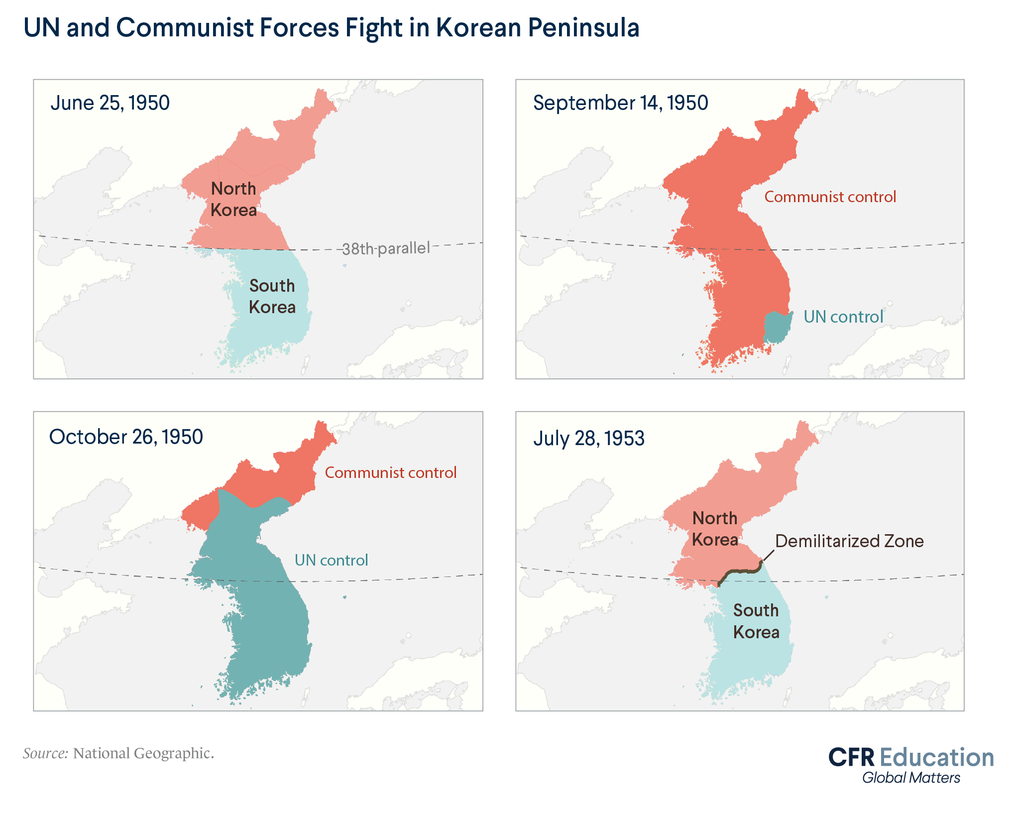 Four Maps showing the geographic differences in territorial control during the Korean War between UN and Communist Forces. For more info contact us at cfr_education@cfr.org.