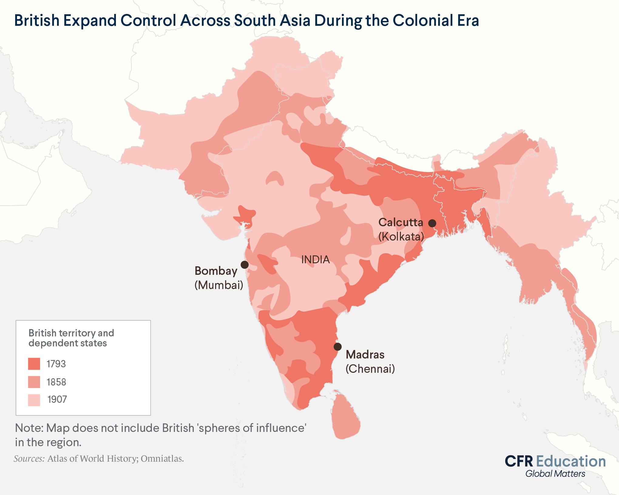 Map showing how British control expanded across South Asia (including modern India, Pakistan, Bangladesh, and Myanmar) during the colonial era. For more info contact us at cfr_education@cfr.org.