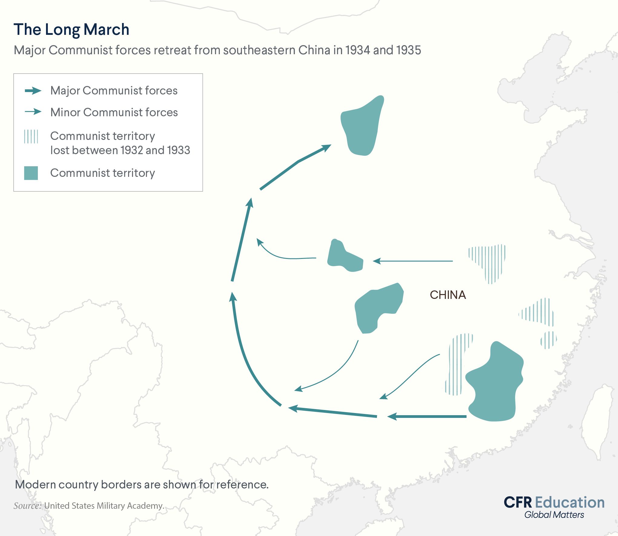 Map showing The Long March, the route major communist forces followed while retreating from southeastern China in 1934 and 1935. For more info contact us at cfr_education@cfr.org.