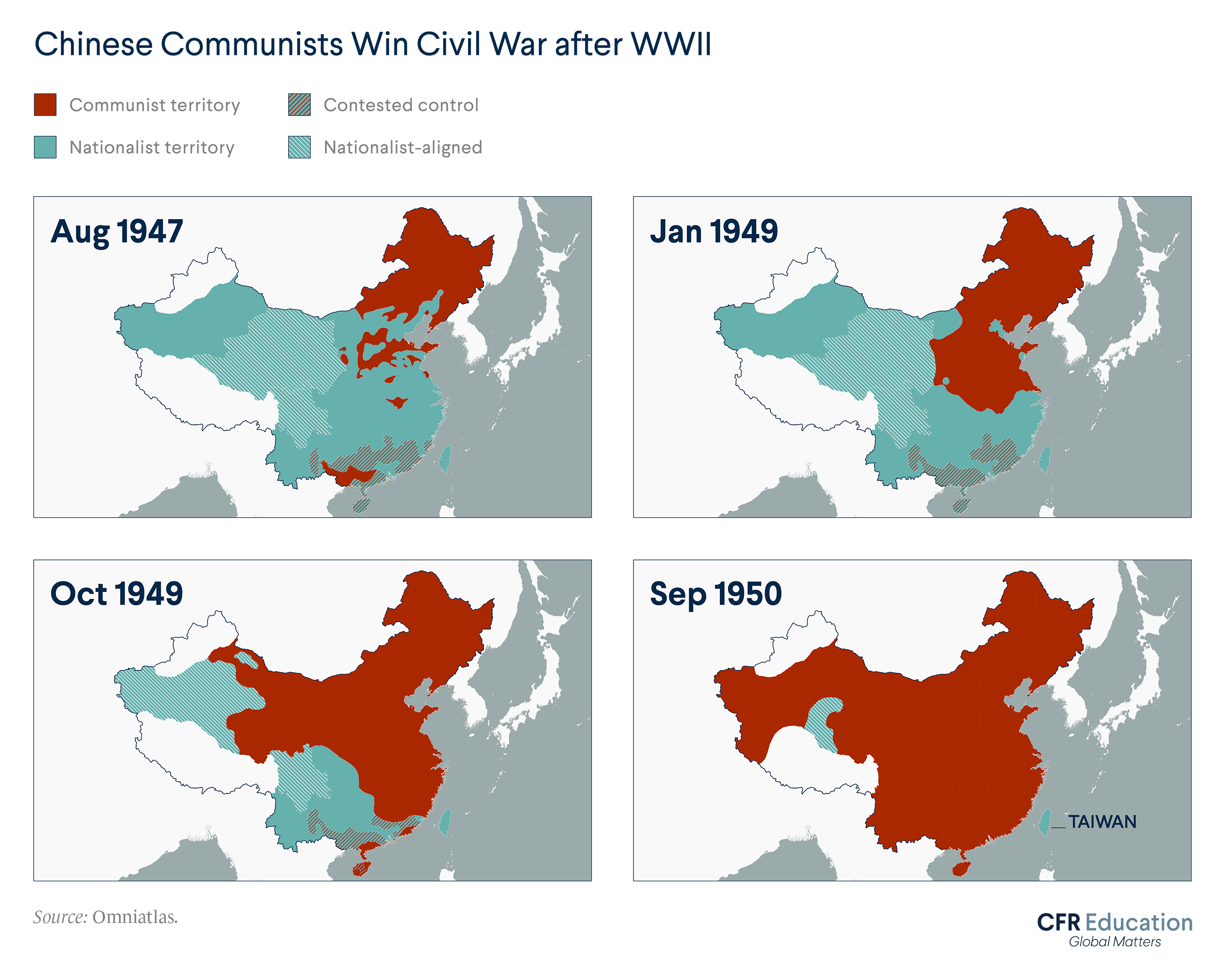 Maps show China, including Communist territories, Nationalist territories, Nationalist-aligned areas, and areas under contested control in August 1947, January 1949, October 1949, and September 1950. For more info contact us at cfr_education@cfr.org.
