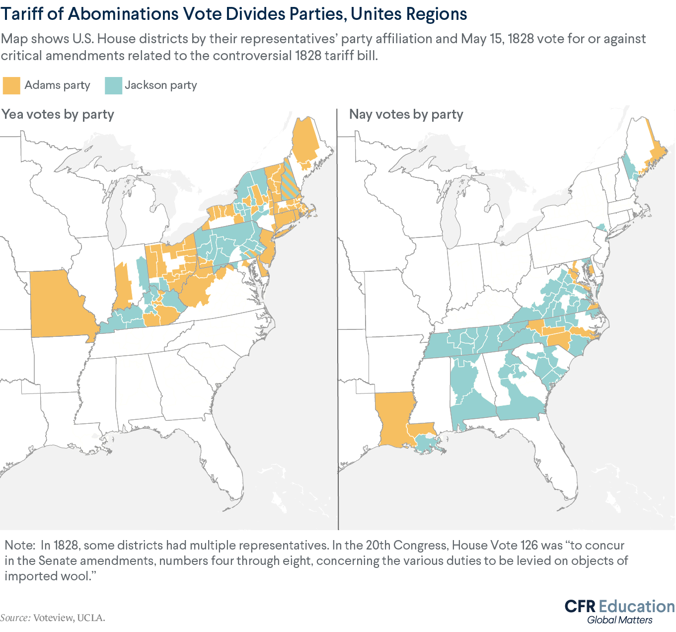 Two maps of the U.S. from 1828 are side by side. The left shows house districts where representatives voted in support of a critical tariff amendment (mostly northerners), and the right-side map shows those who voted against (mostly southerners).