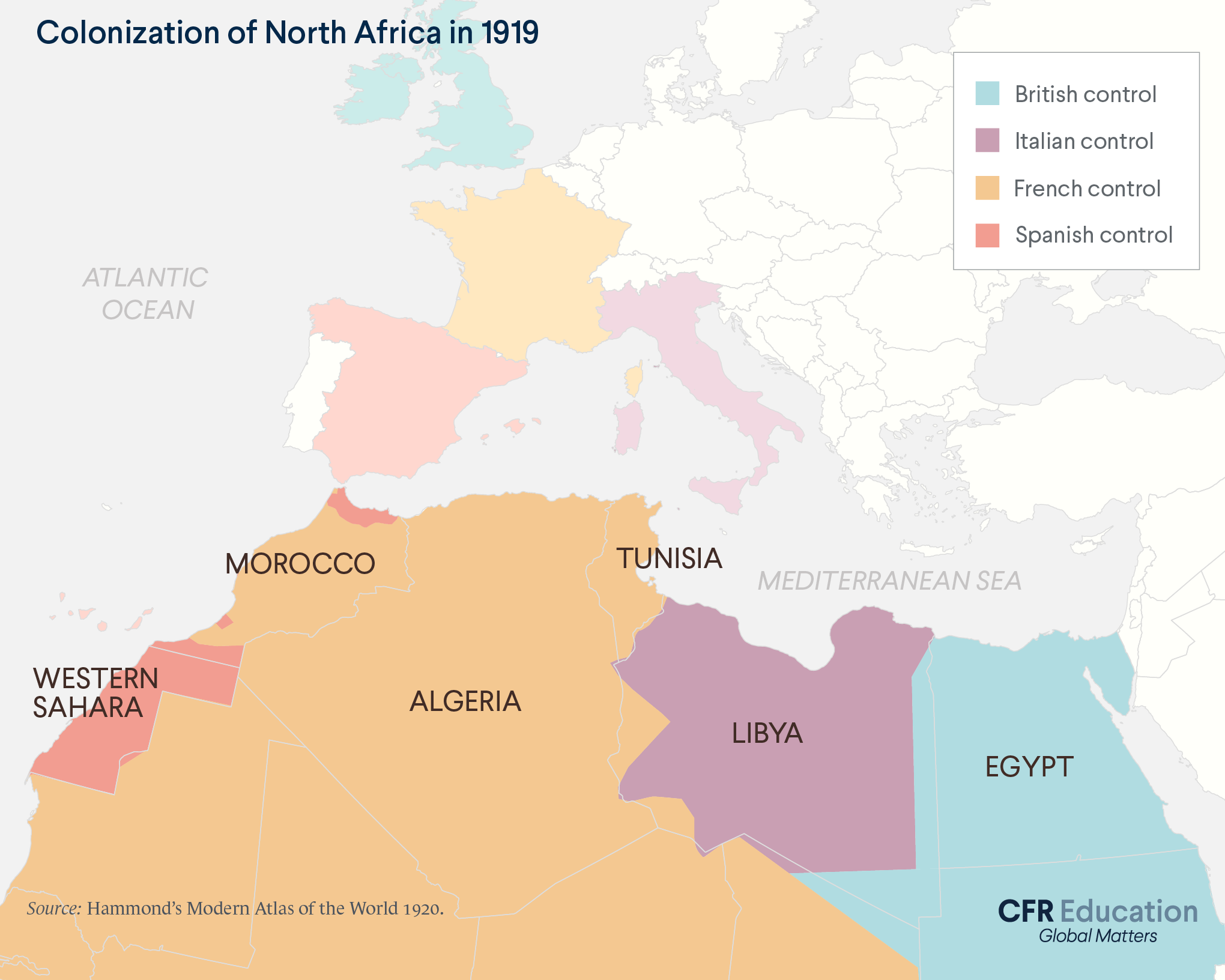 Map shows the colonization of North Africa in 1919, including areas under British, Italian, French, or Spanish control. Source: Hammond's Modern Atlas of the World 1920. For more info contact us at cfr_education@cfr.org.