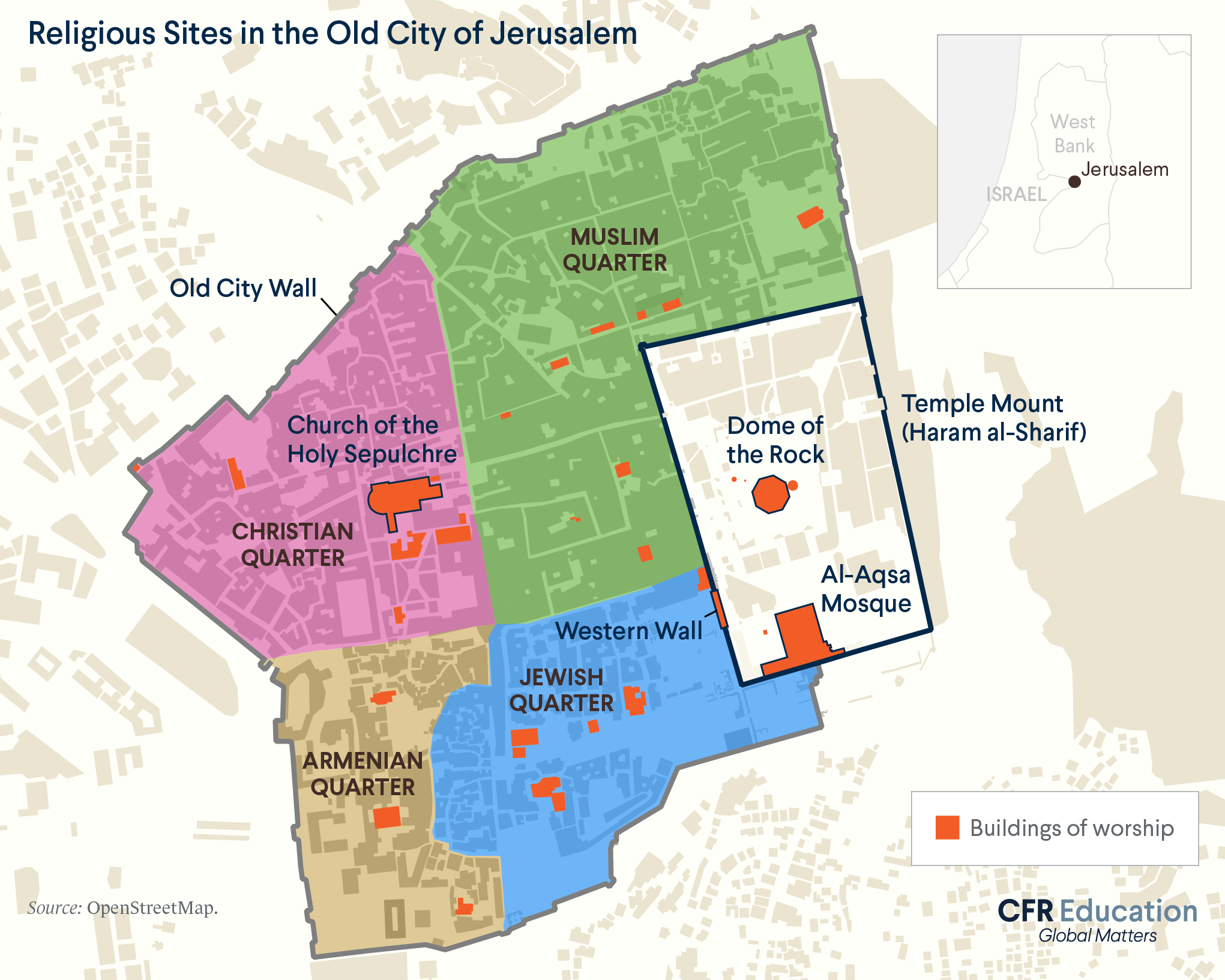 Map shows religious sites in the Old City of Jerusalem, including holy site known as Temple Mount to Jews and Haram al-Sharif to Muslims. For more info contact us at cfr_education@cfr.org.