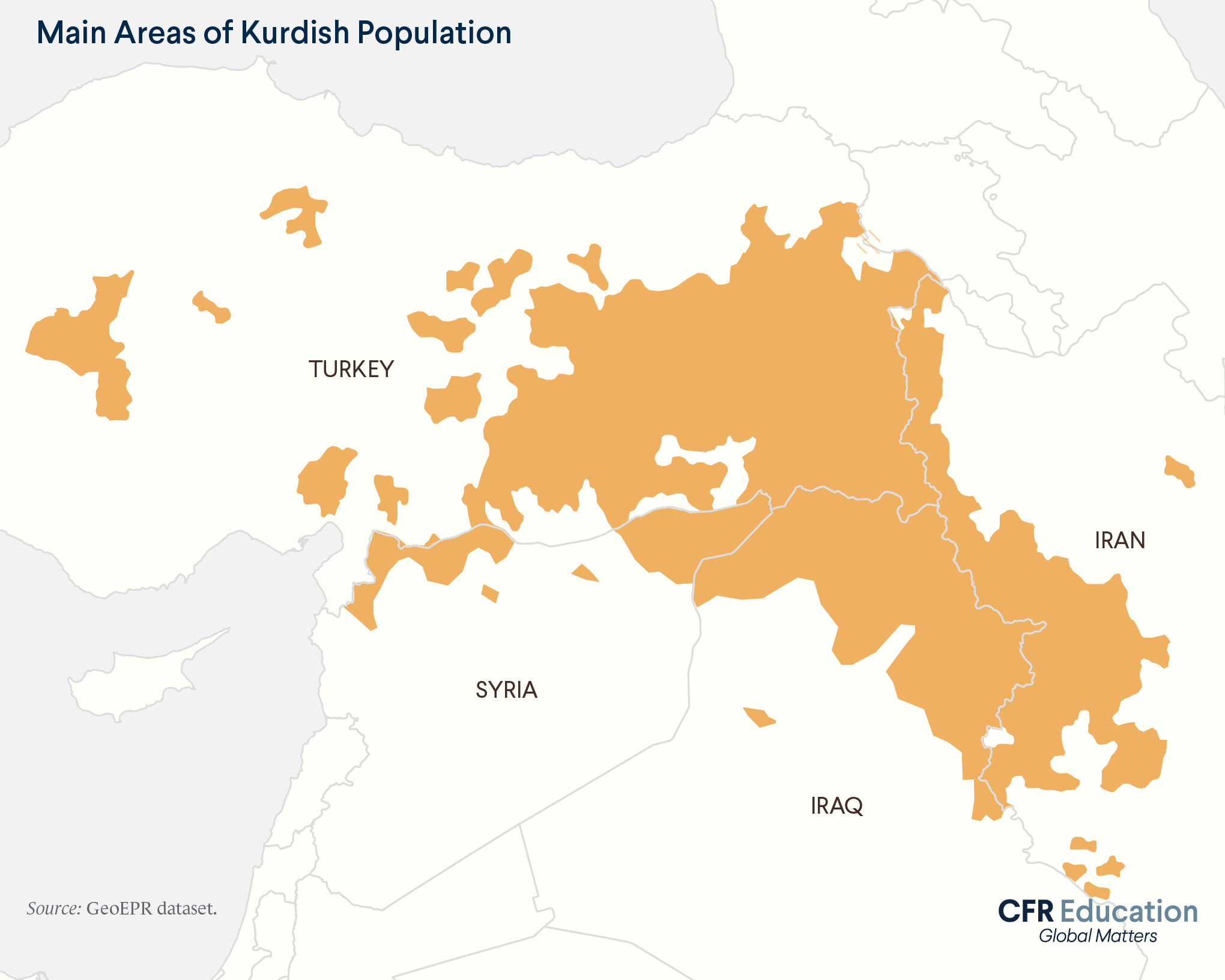 Map shows the main areas of the Kurdish population. Approximately thirty million Kurds live in Iran, Iraq, Syria, and Turkey. Source: GeoEPR dataset. For more info contact us at cfr_education@cfr.org.