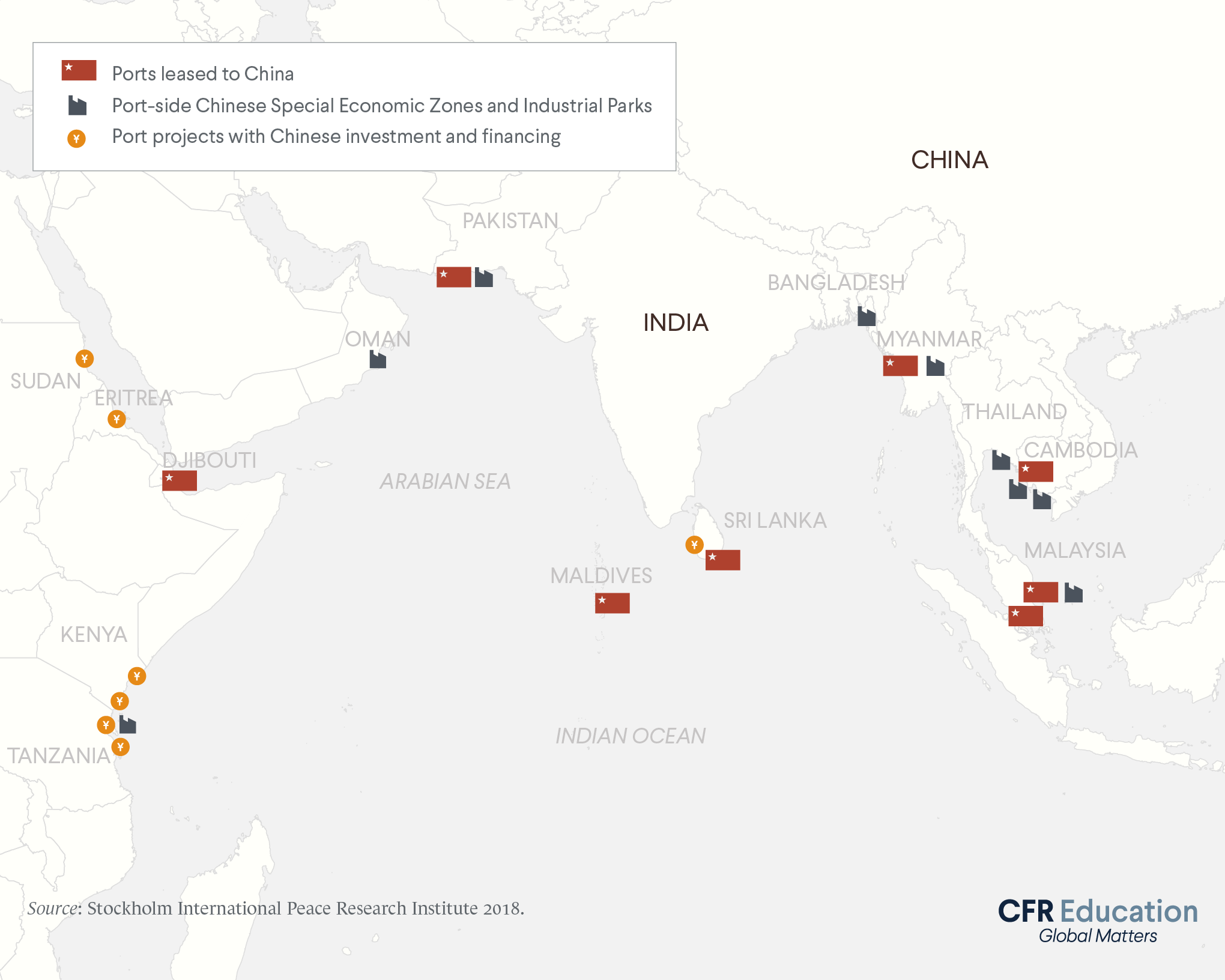 Map shows the Indian Ocean, including ports leased to China, port-side Chinese Special Economic Zones and Industrial Parks, and port projects with Chinese investment and financing. Source: SIPRI 2018. For more info contact us at cfr_education@cfr.org.