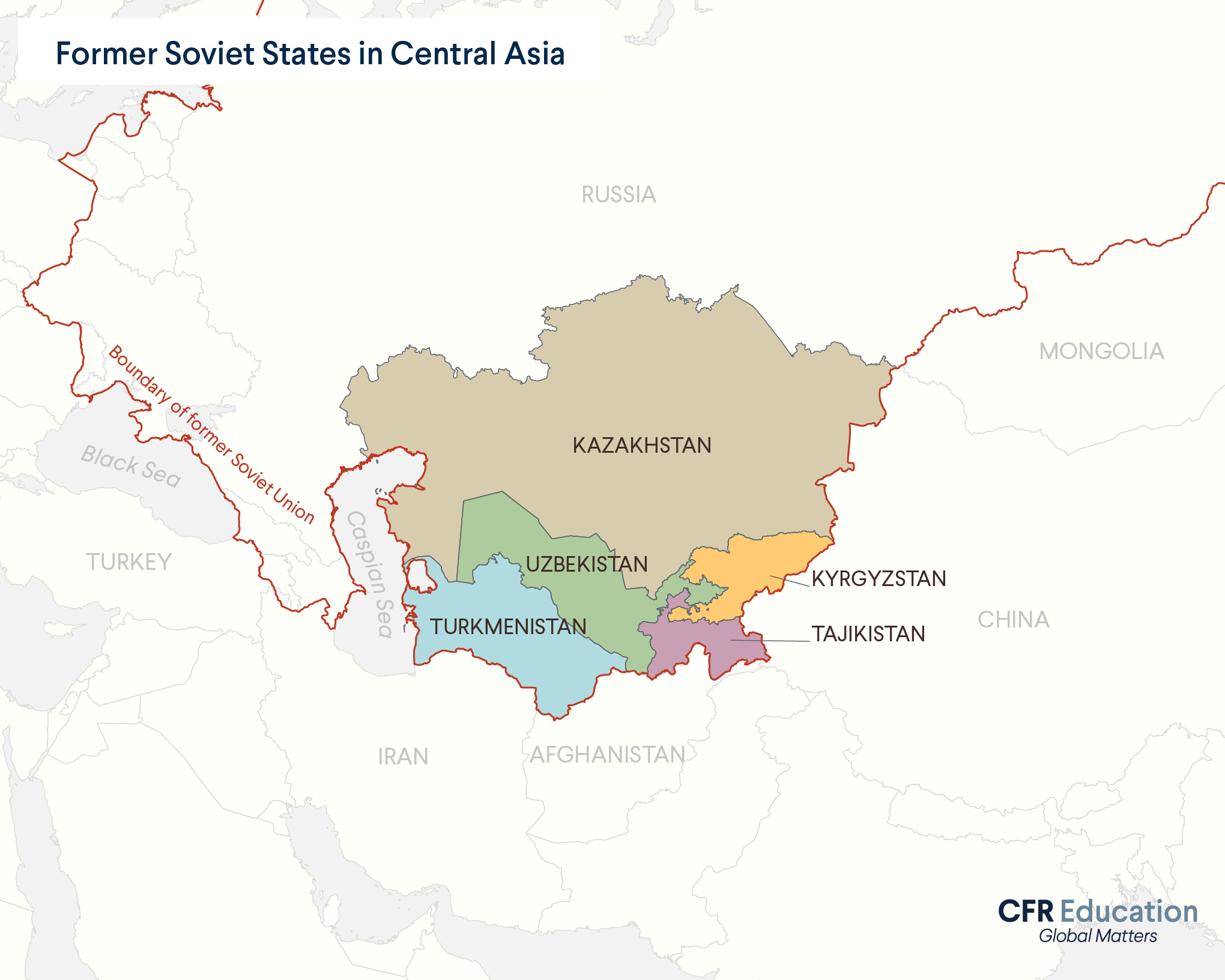 Map shows the former Soviet states in Central Asia: Kazakhstan, Turkmenistan, Uzbekistan, Tajikistan, and Kyrgyzstan. For more info contact us at cfr_education@cfr.org.