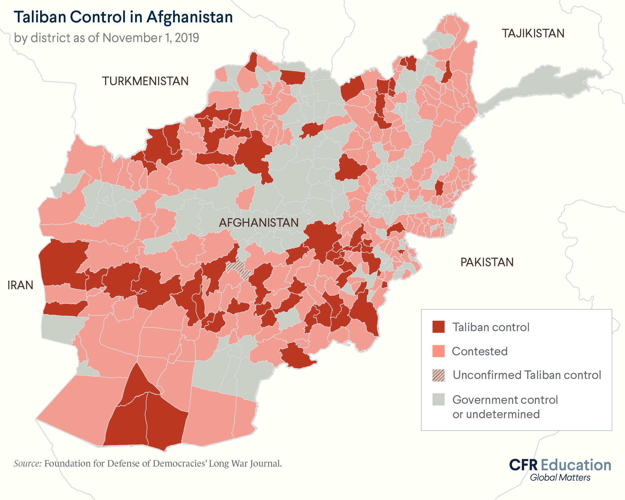 Map shows Taliban control in Afghanistan by district as of November 1, 2019. Source: Foundation for Defense of Democracies' Long War Journal. For more info contact us at cfr_education@cfr.org.