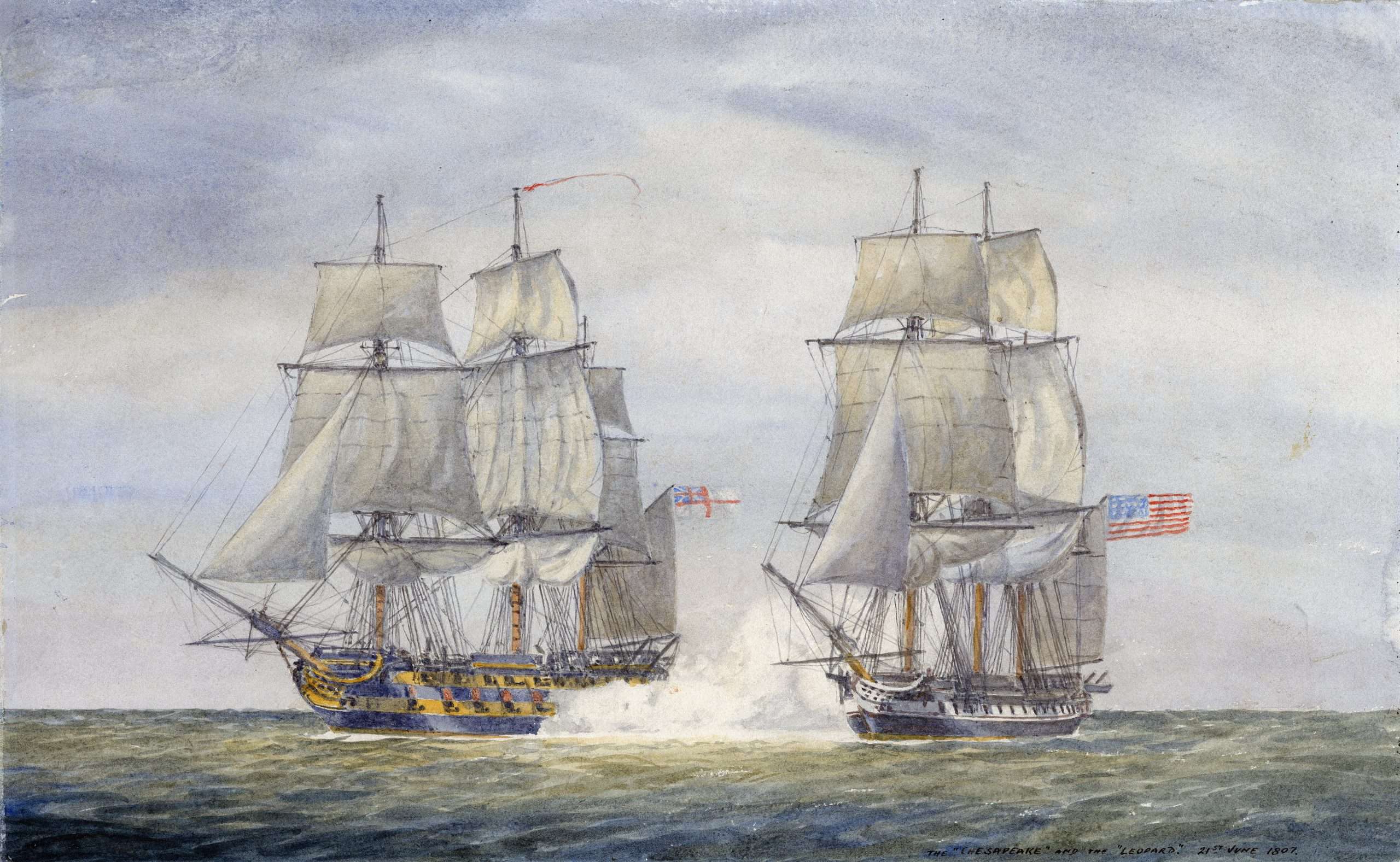 Watercolor painting of two old sailing ships, the USS Chesapeake and the HMS Leopard, firing cannons at each other.