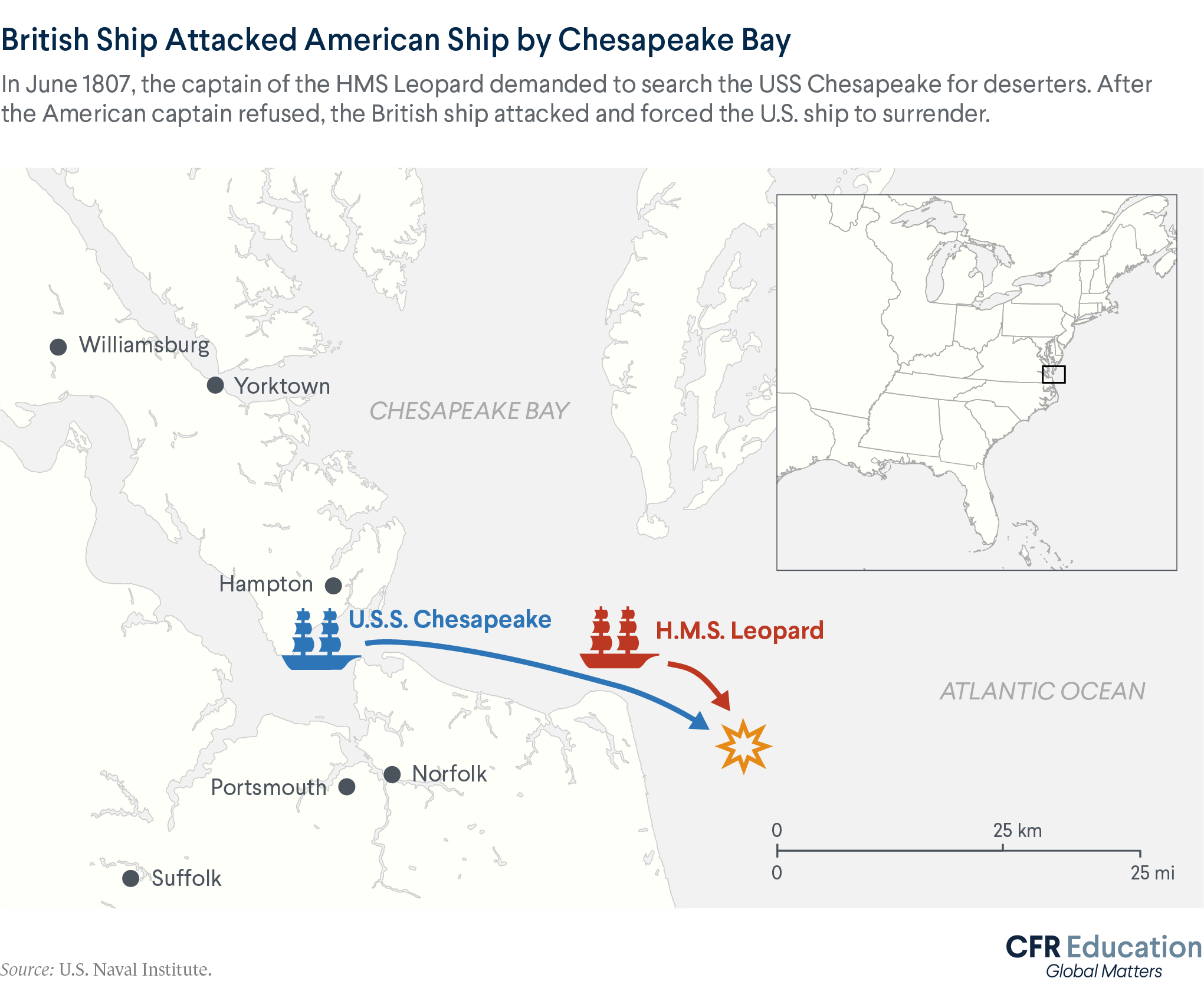 Map of the mouth of the Chesapeake Bay shows how the HMS Leopard intercepted and fired upon the USS Chesapeake off the coast of Virginia in 1807.