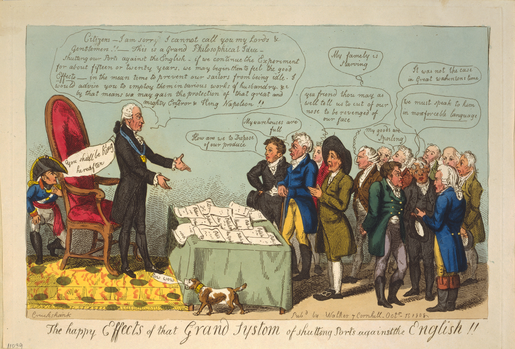 British cartoon shows Thomas Jefferson struggling to placate a group of disgruntled Americans who are angry over the President's embargo.