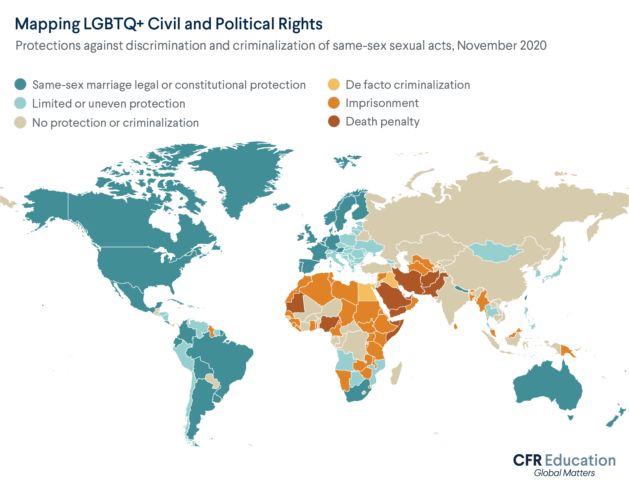 Map shows the legal protections against discrimination and criminalization of same-sex sexual acts around the world. For more info contact us at cfr_education@cfr.org.