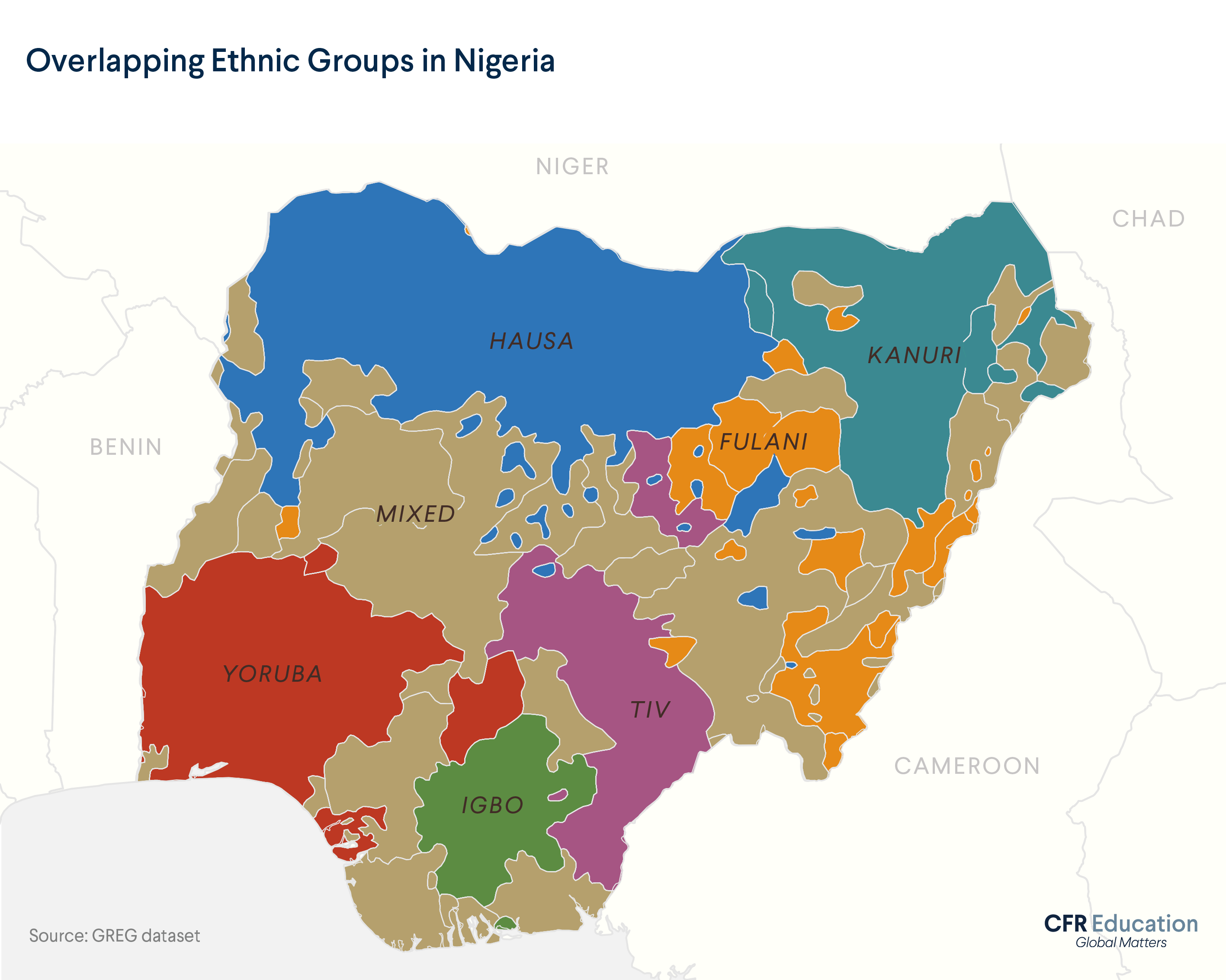Map shows how different ethnic groups overlap over many parts of Nigeria. Source: GREG dataset. For more info contact us at cfr_education@cfr.org.
