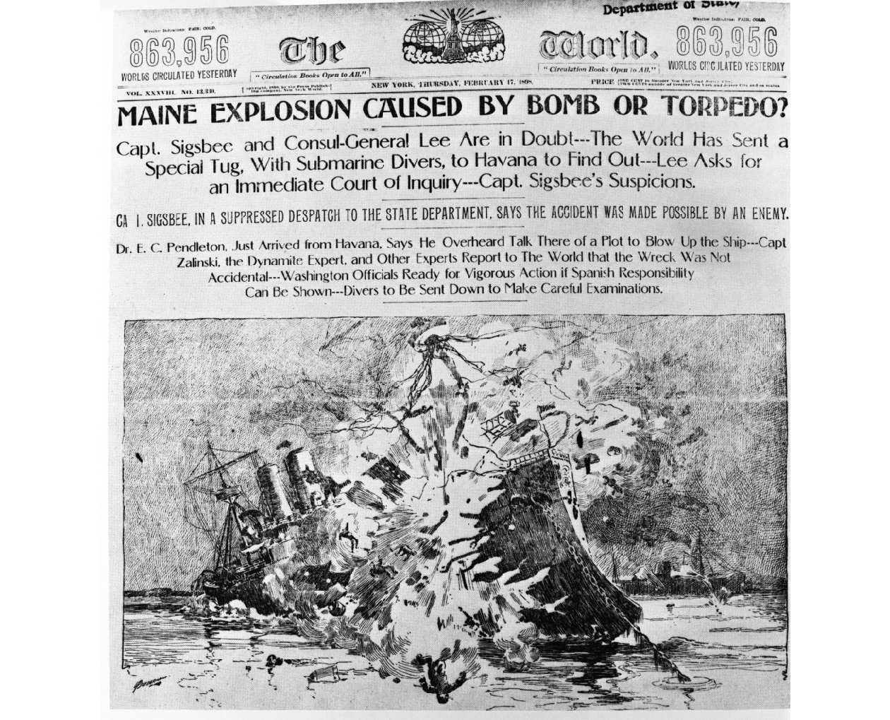 Front page of a New York World newspaper from 1898 speculates on cause of the explosion of the USS Maine with an illustration of the ship blowing up.