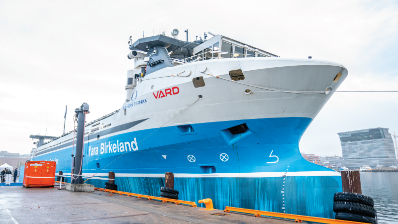 The world's first self-propelled, electric container ship MV Yara Birkeland is moored at Langkaia in Oslo, on November 19, 2021.