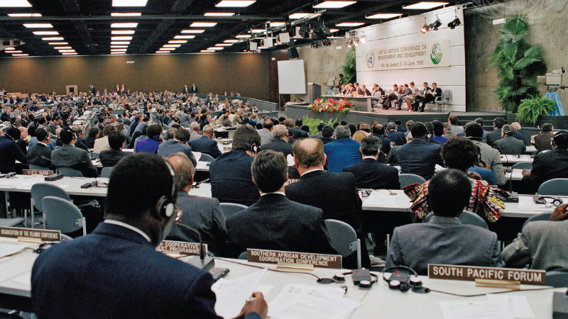  Delegates from around the world gather at the United Nations Conference on Environment and Development (UNCED) in June 1992.  This UN conference, also known as the Earth Summit, was convened to produce a climate agenda for international action on environ