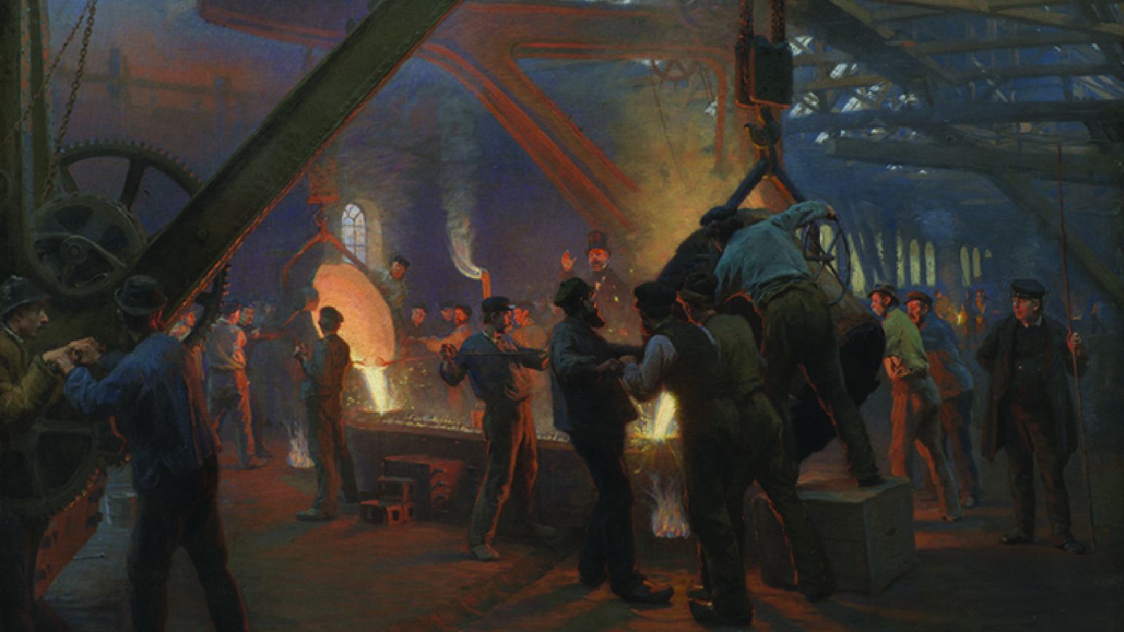 A painting depicting a scene from the industrial revolution, workers shovel coal into a hot furnace.