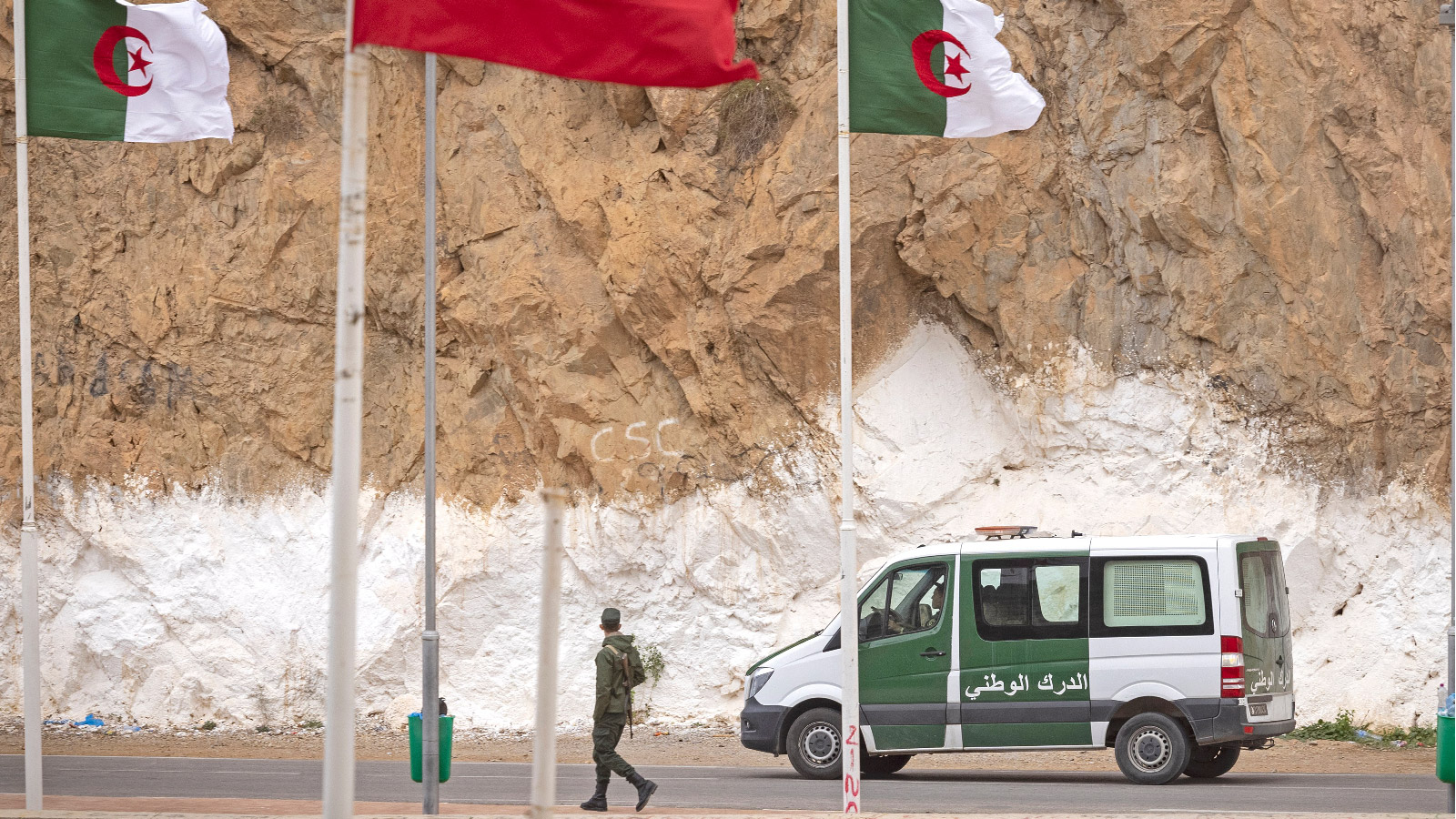 Algerian border guards patrol the Moroccan-Algerian border on November 4, 2021. 