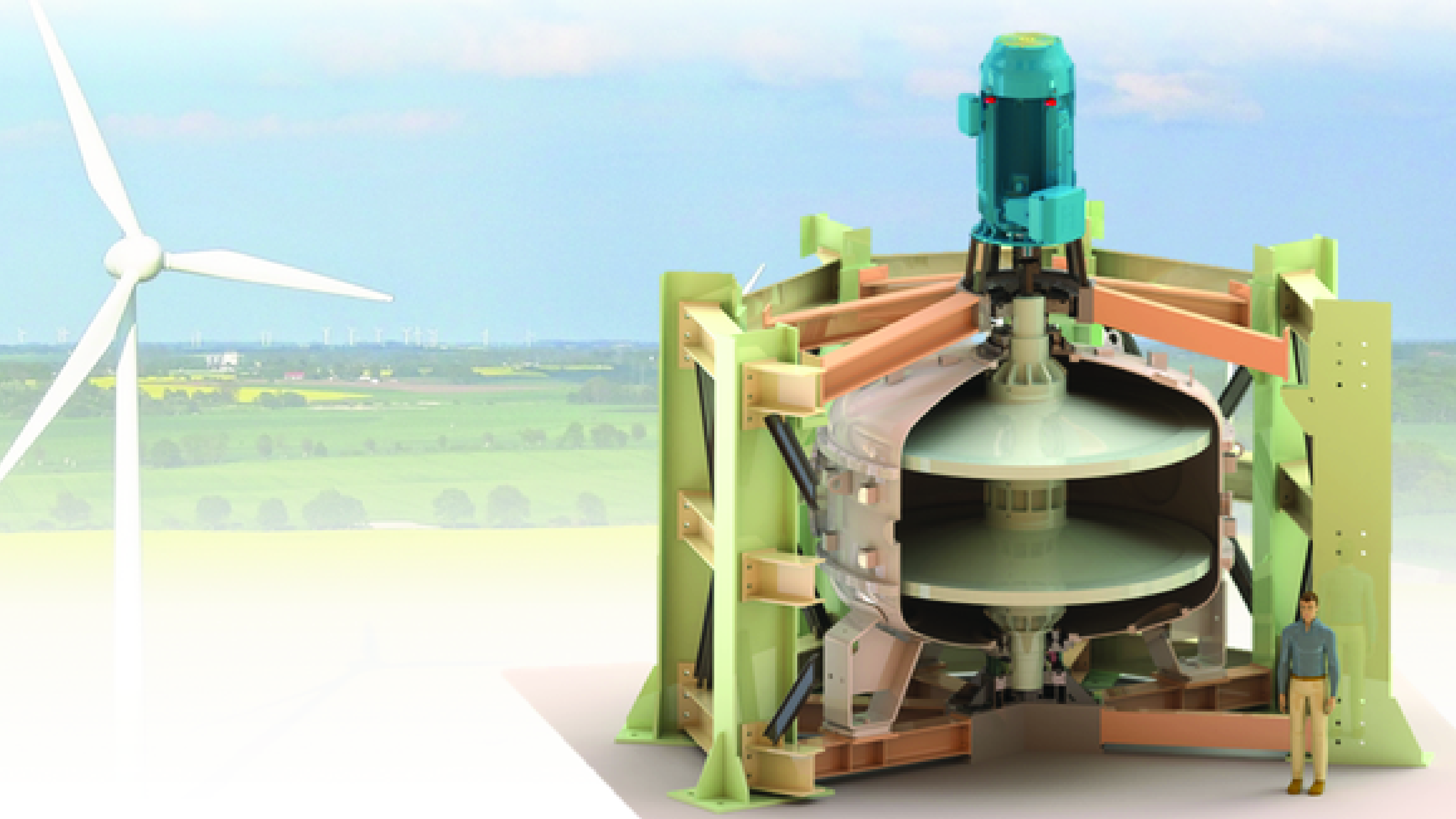 Rendering of a cross-sectional view of a rotational kinetic storage (flywheel) system.