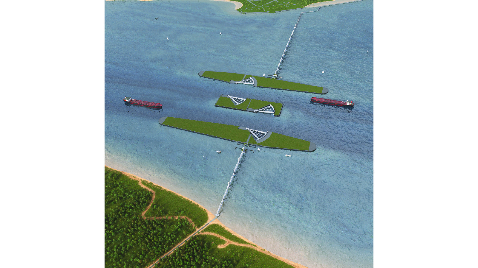  A rendering of Texas’s proposed coastal barrier project, the Galveston Bay Storm Surge Barrier System. 