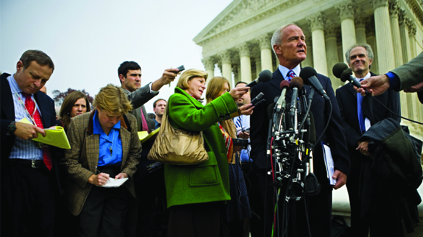 Following the first global warming case heard by the Supreme Court, Massachusetts Attorney General Tom Reilly speaks to reporters in Washington D.C on November 29, 2006. 